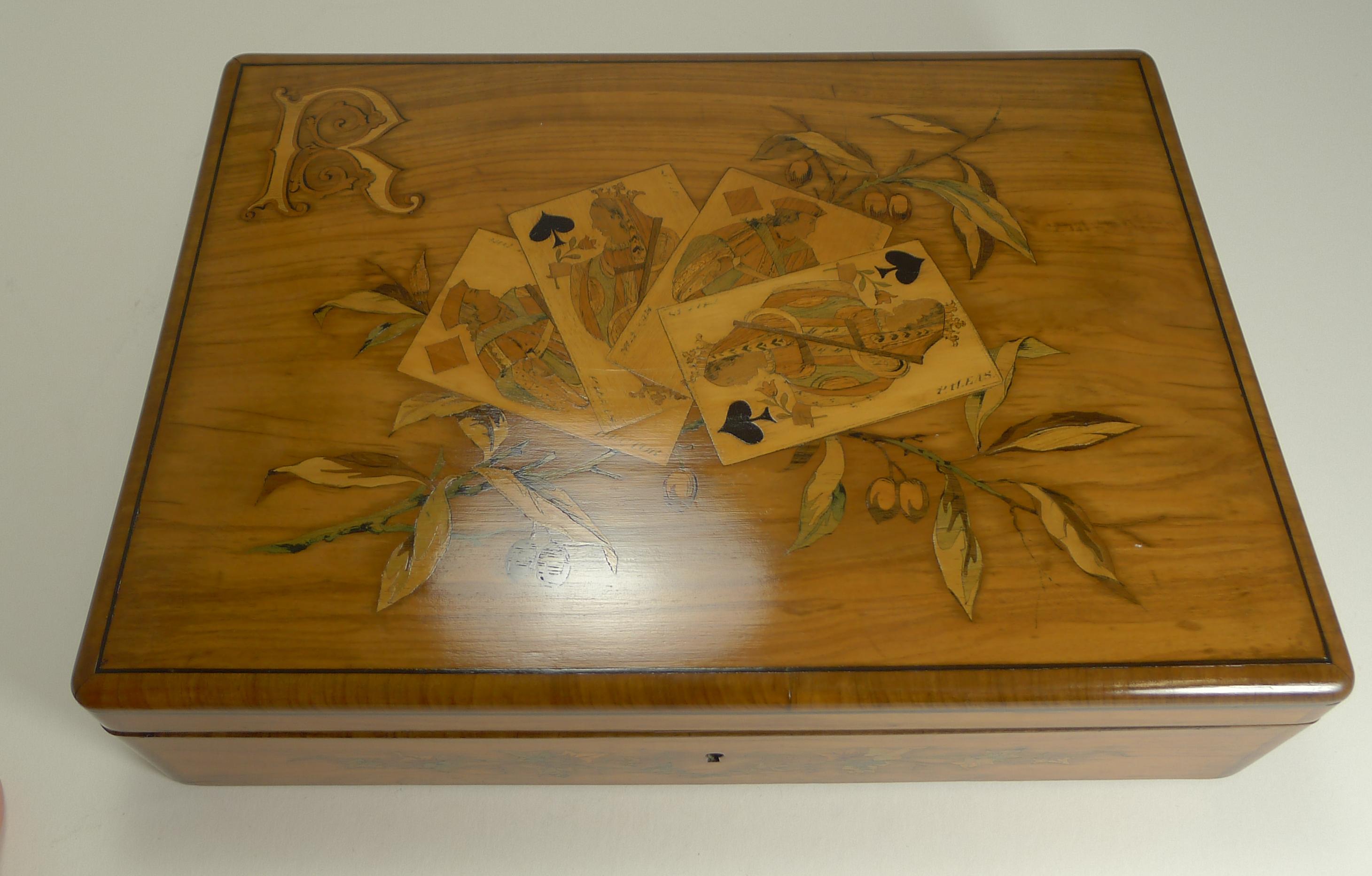 Fabulous Marquetry Inlaid Olive Wood Games or Playing Cards Box, French In Excellent Condition In Bath, GB