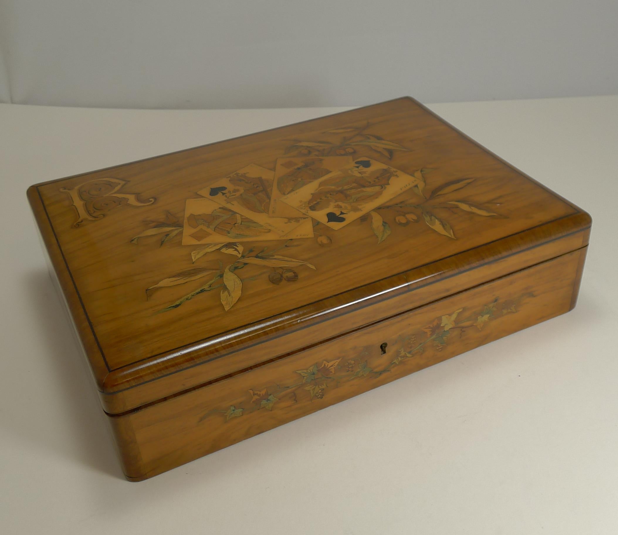 Fabulous Marquetry Inlaid Olive Wood Games or Playing Cards Box, French 2