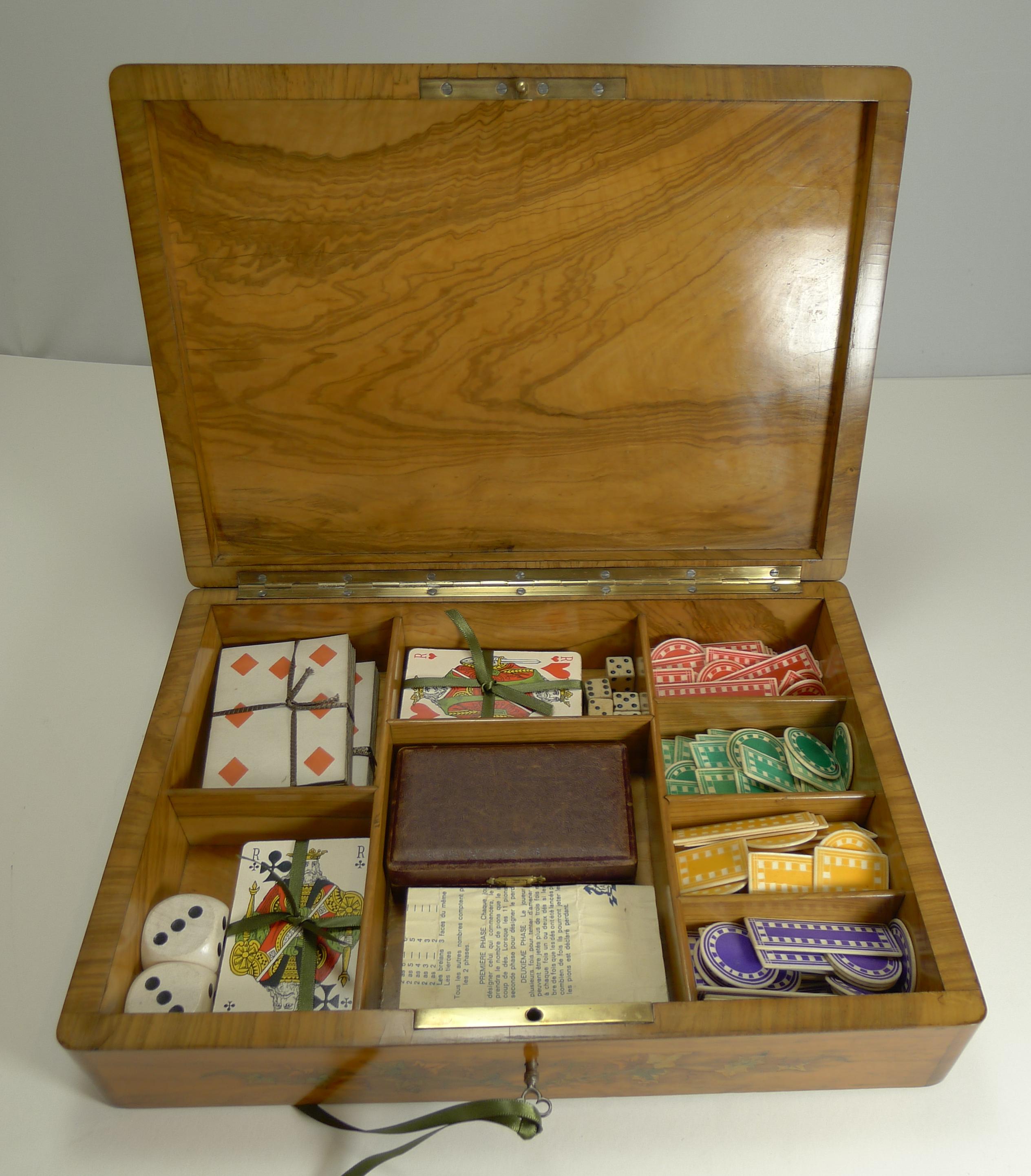 Fabulous Marquetry Inlaid Olive Wood Games or Playing Cards Box, French 3