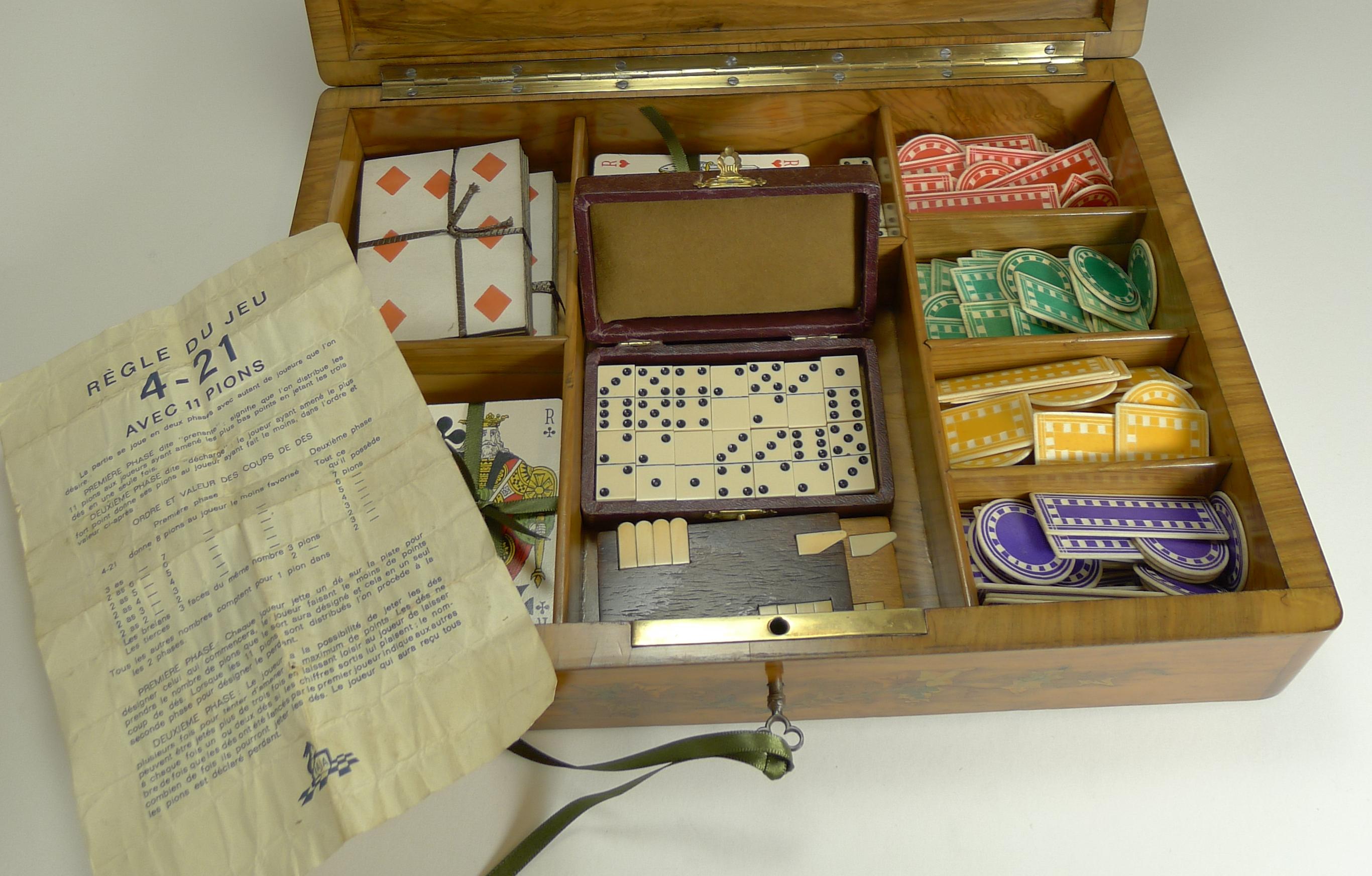 Fabulous Marquetry Inlaid Olive Wood Games or Playing Cards Box, French 4