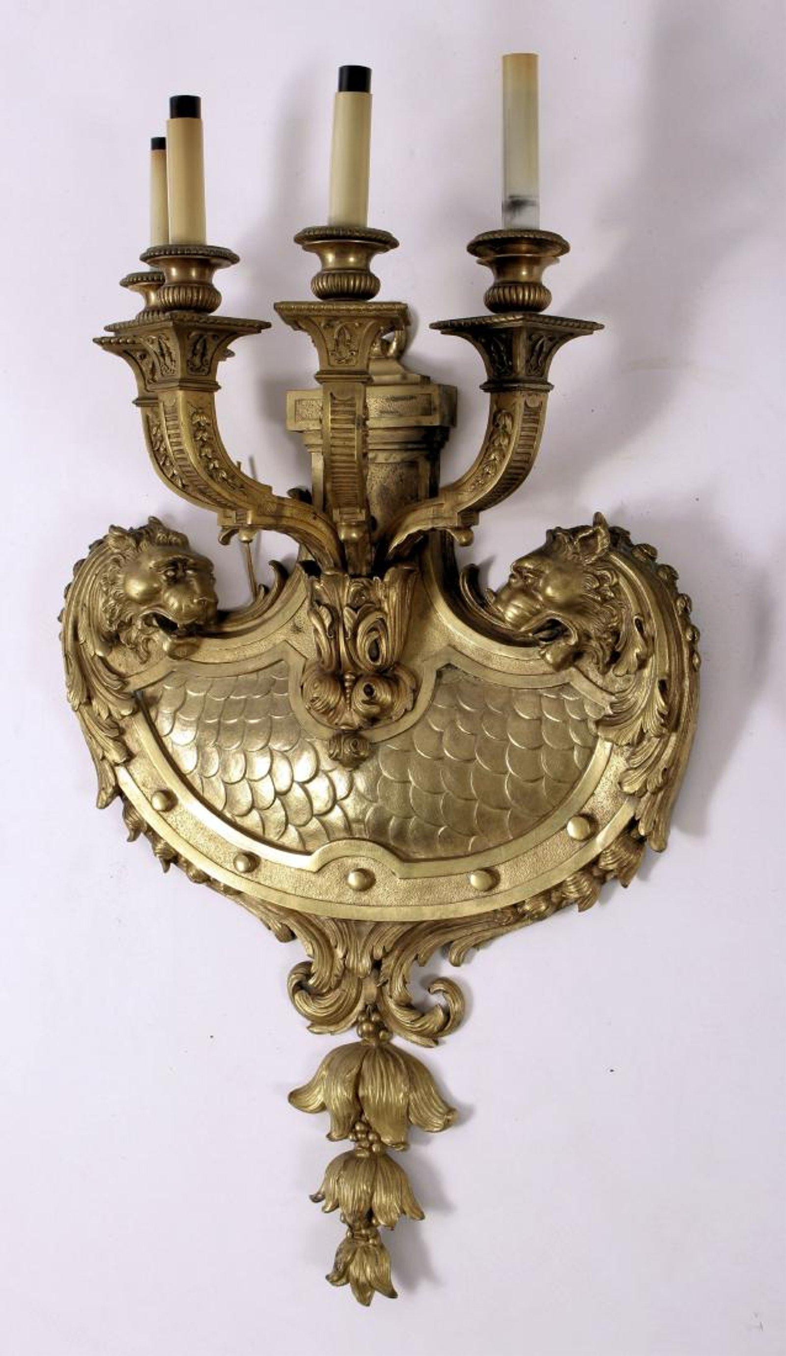 French Fabulous, Massive Pair of Louis XIV Style Doré Bronze Sconces with Lions