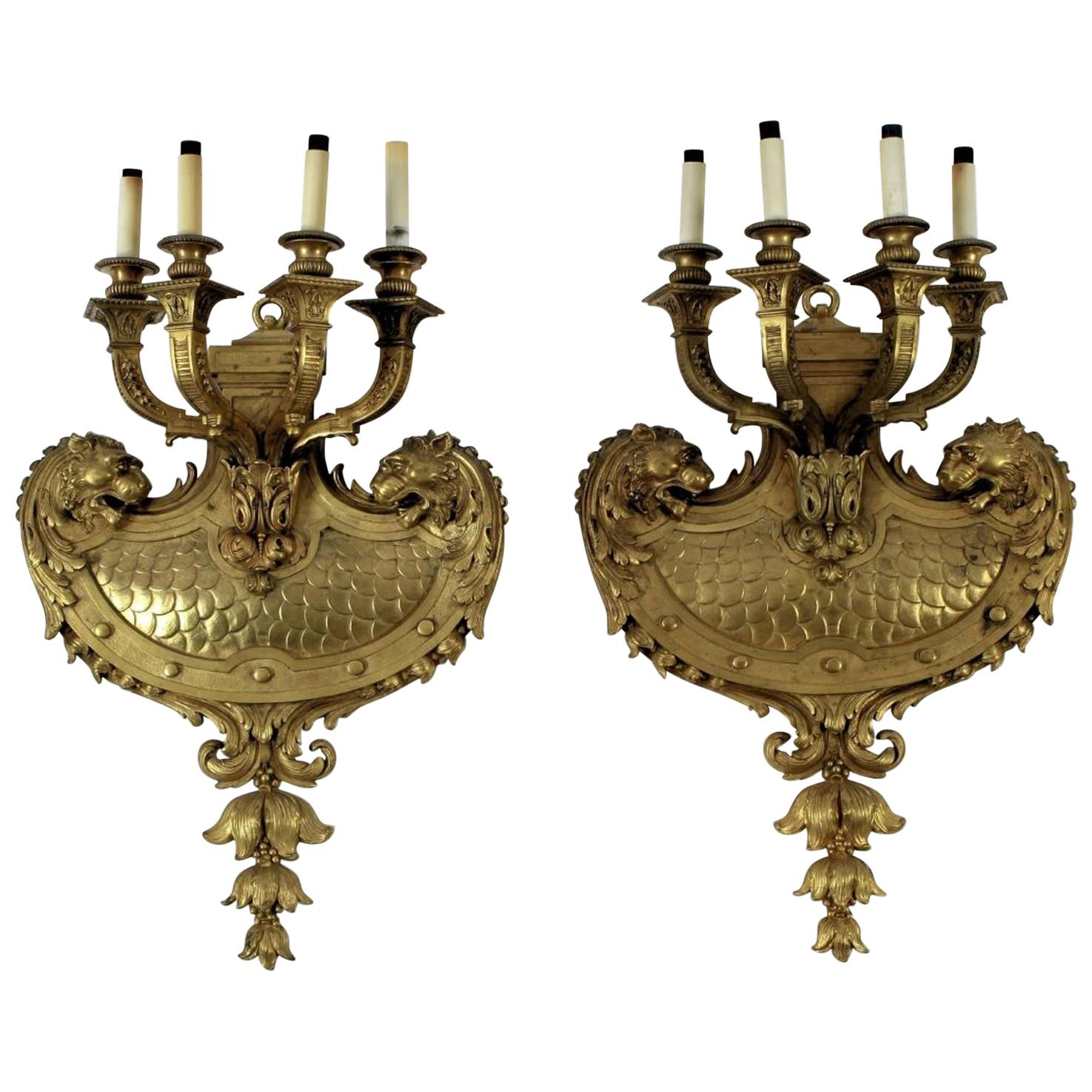 Fabulous, Massive Pair of Louis XIV Style Doré Bronze Sconces with Lions