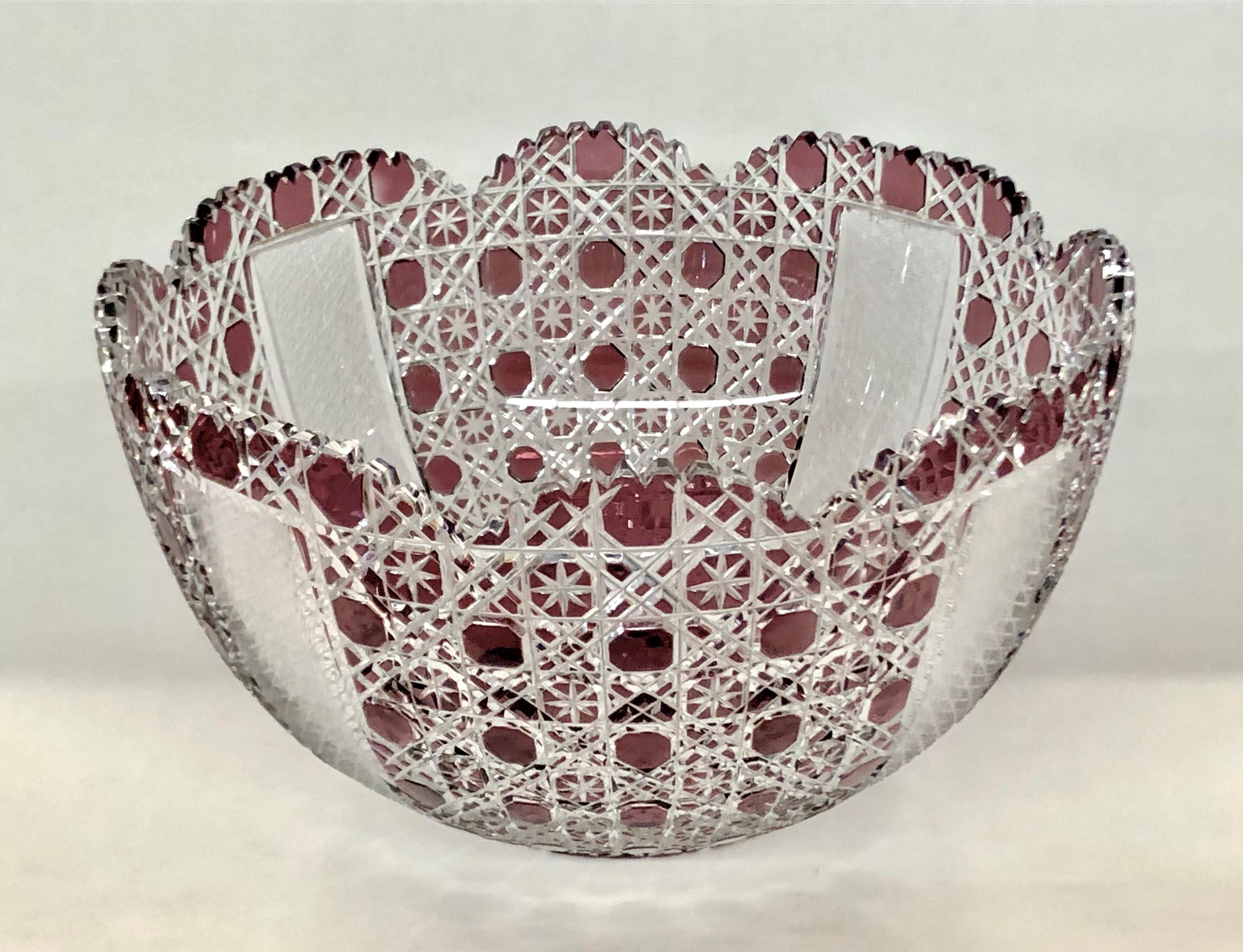 Fabulous Mid-Century Bohemian Amethyst/Cranberry Overlay Cut Crystal Punch Bowl 5