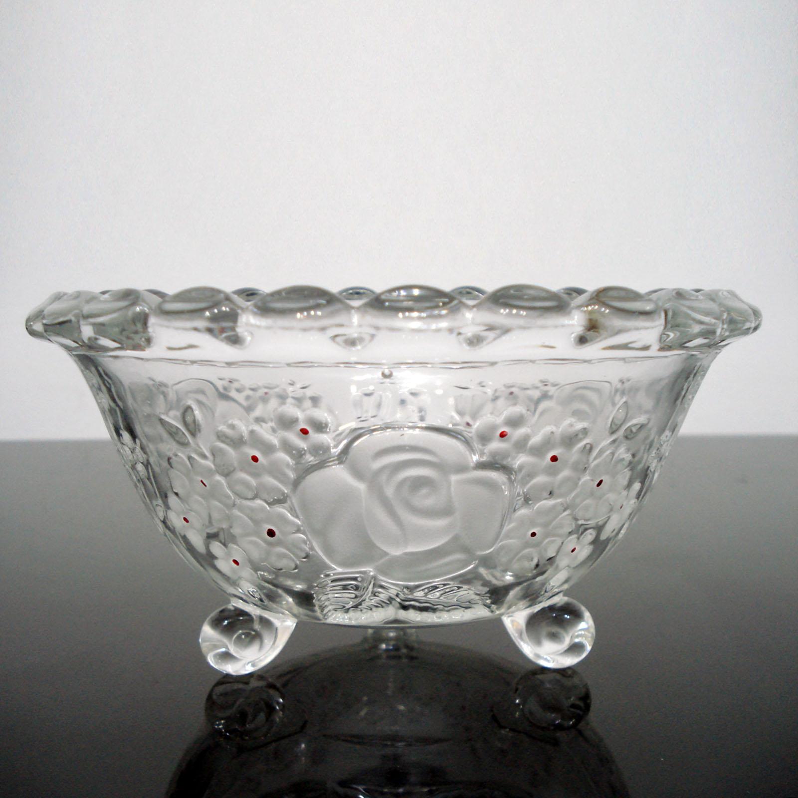 European Fabulous Mid-Century Glass Bowl Floral Décor with Red Enamel Accents For Sale