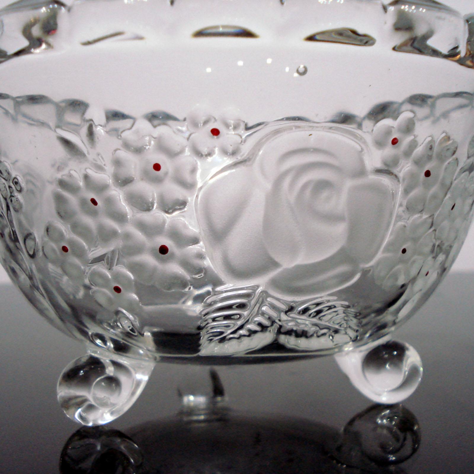 Etched Fabulous Mid-Century Glass Bowl Floral Décor with Red Enamel Accents For Sale