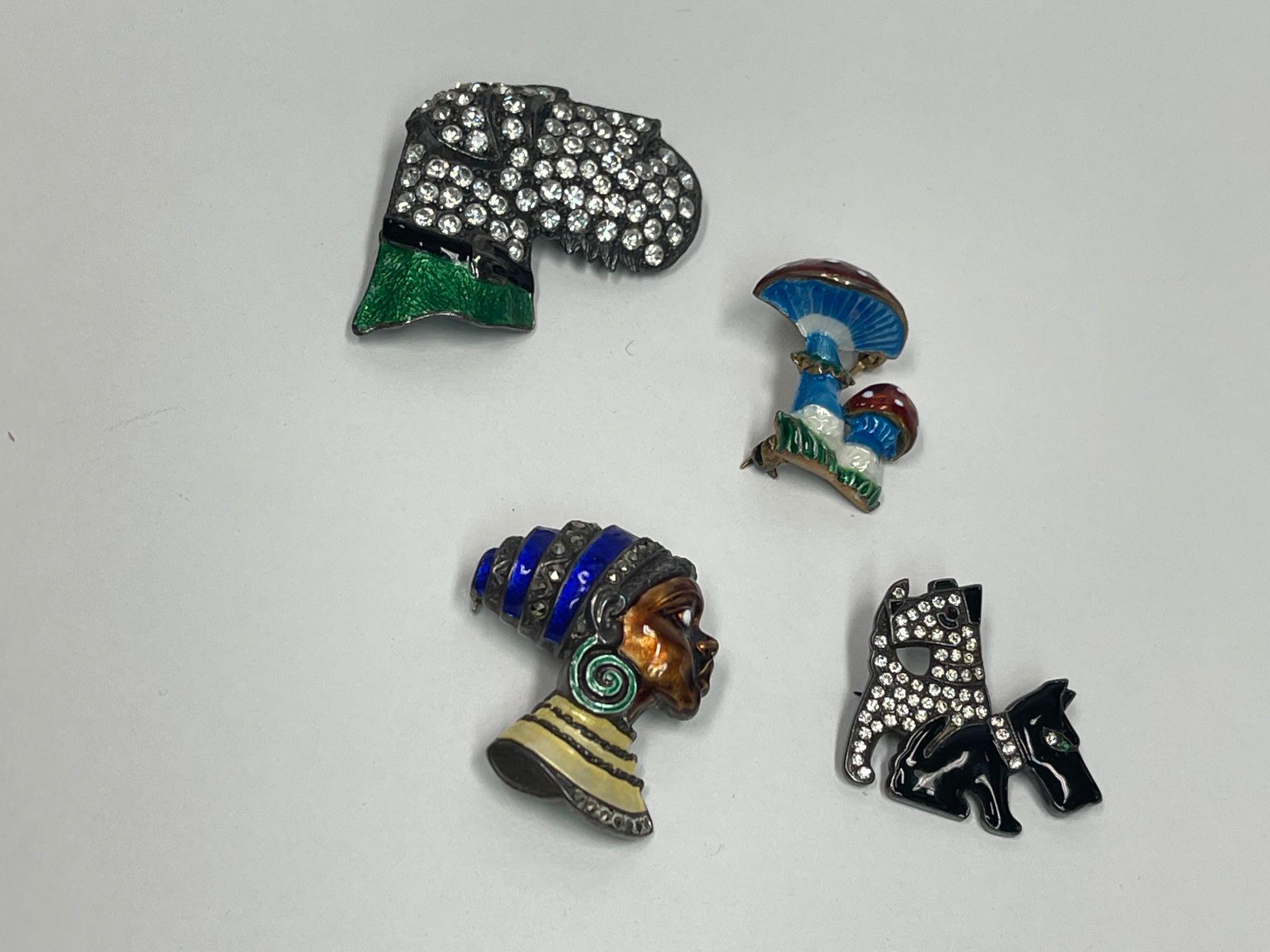 Awesome Vintage Collection of 4 Enamel Sterling Silver Brooches, featuring a Terrier Dog encrusted with sparkling CZ Faux Diamante, a pair of Scottie Dogs enhanced with sparkling CZ Faux Diamante, an African Princess and a of pair colorful Enamel