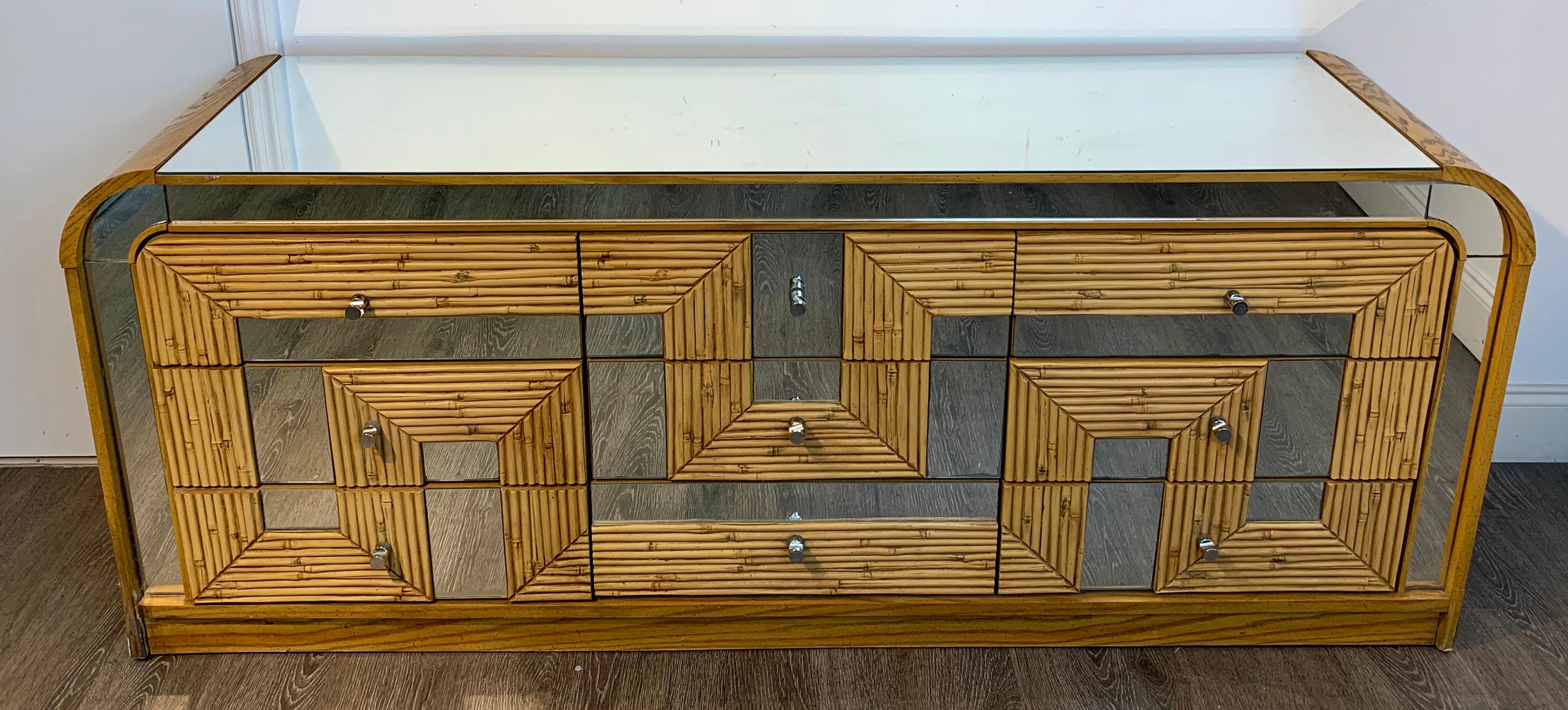 Fabulous Midcentury Mirror Inlaid Segmented Bamboo Dresser or Credenza 7