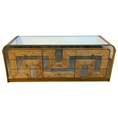 Fabulous Midcentury Mirror Inlaid Segmented Bamboo Dresser or Credenza