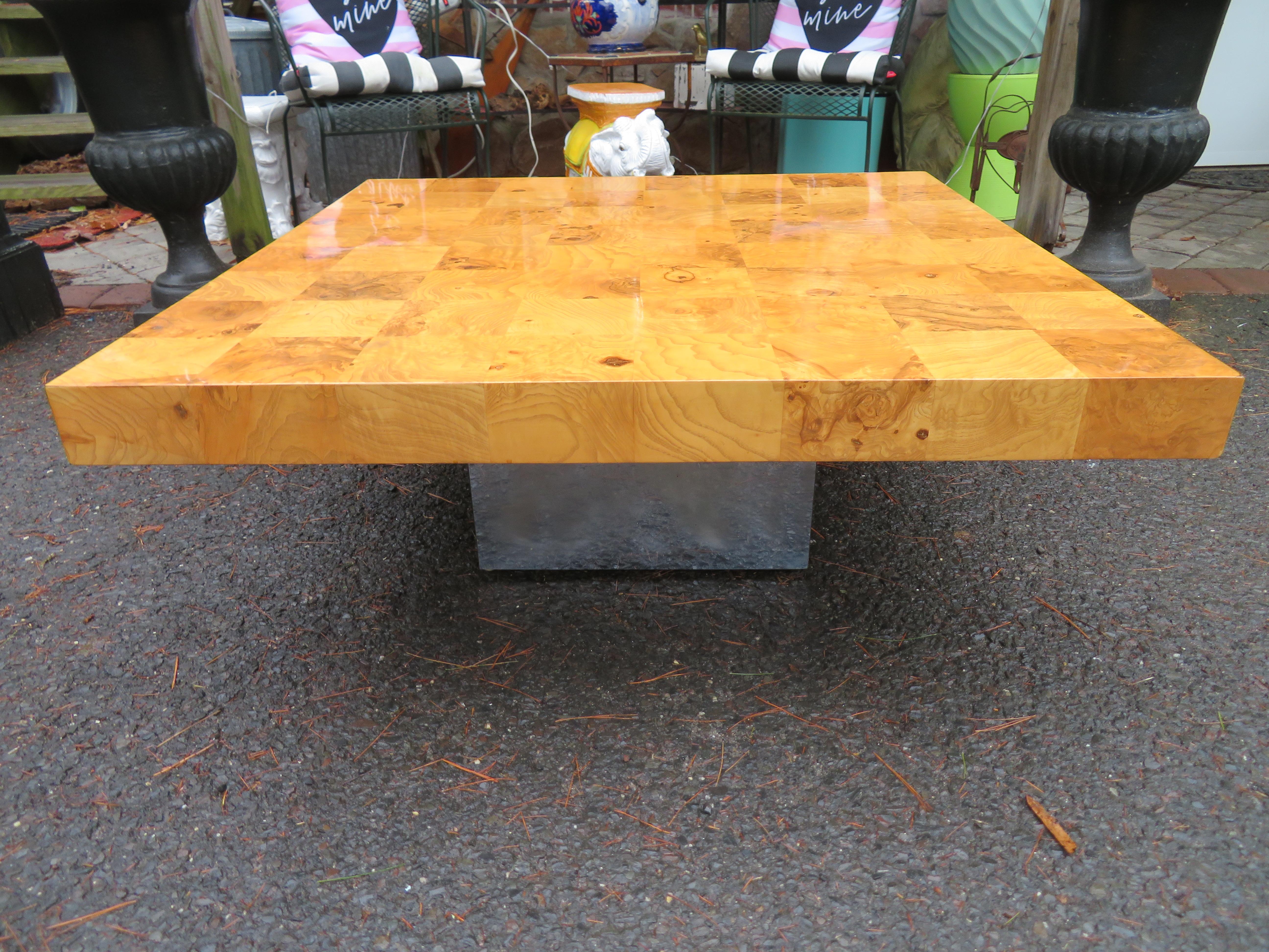 Fabulous Milo Baughman Burl Wood Chrome Cube Coffee Table, Mid-Century Modern For Sale 7