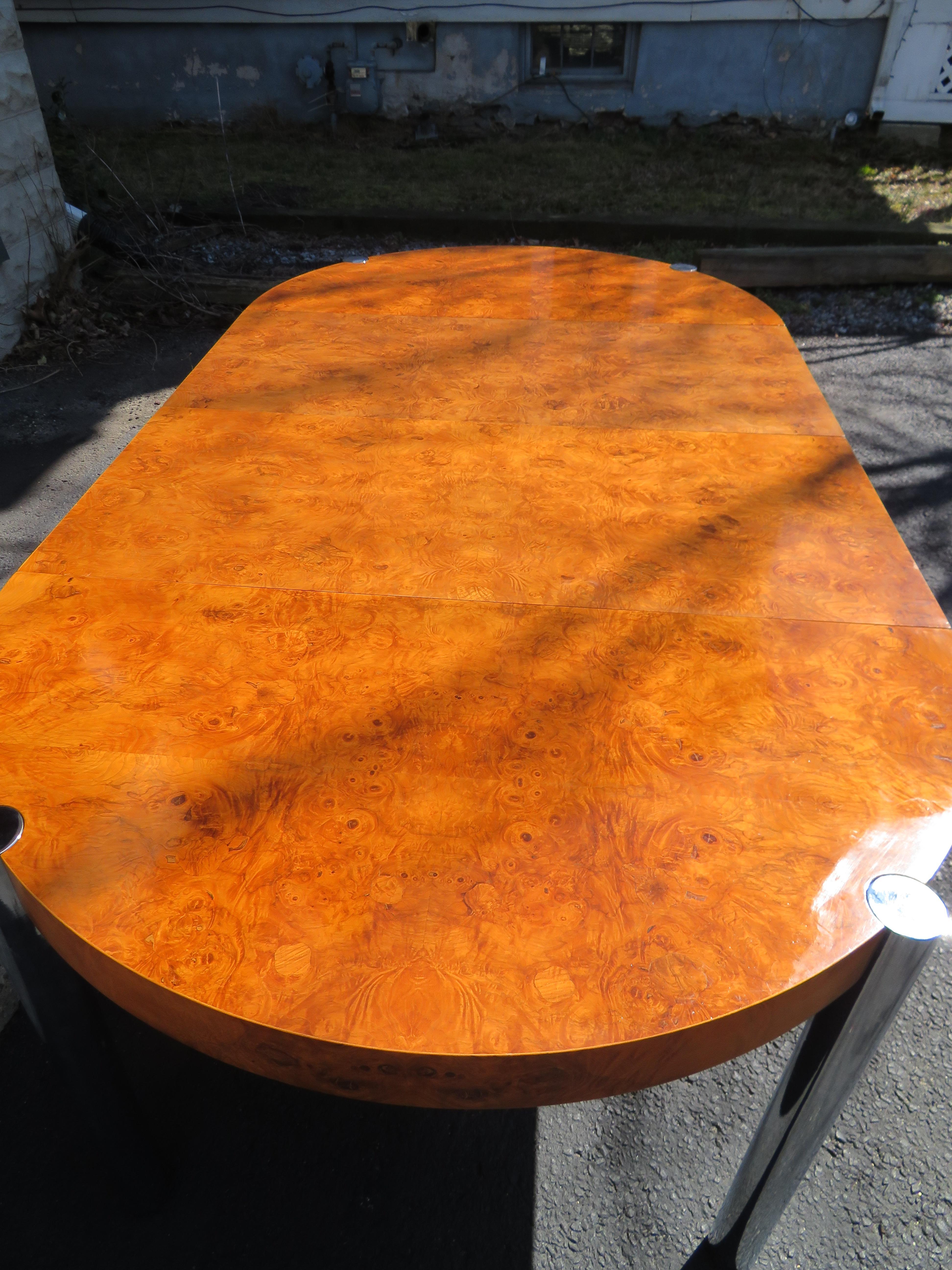Fabulous Milo Baughman Style Round Burled Olive Wood Chrome Dining Table 4