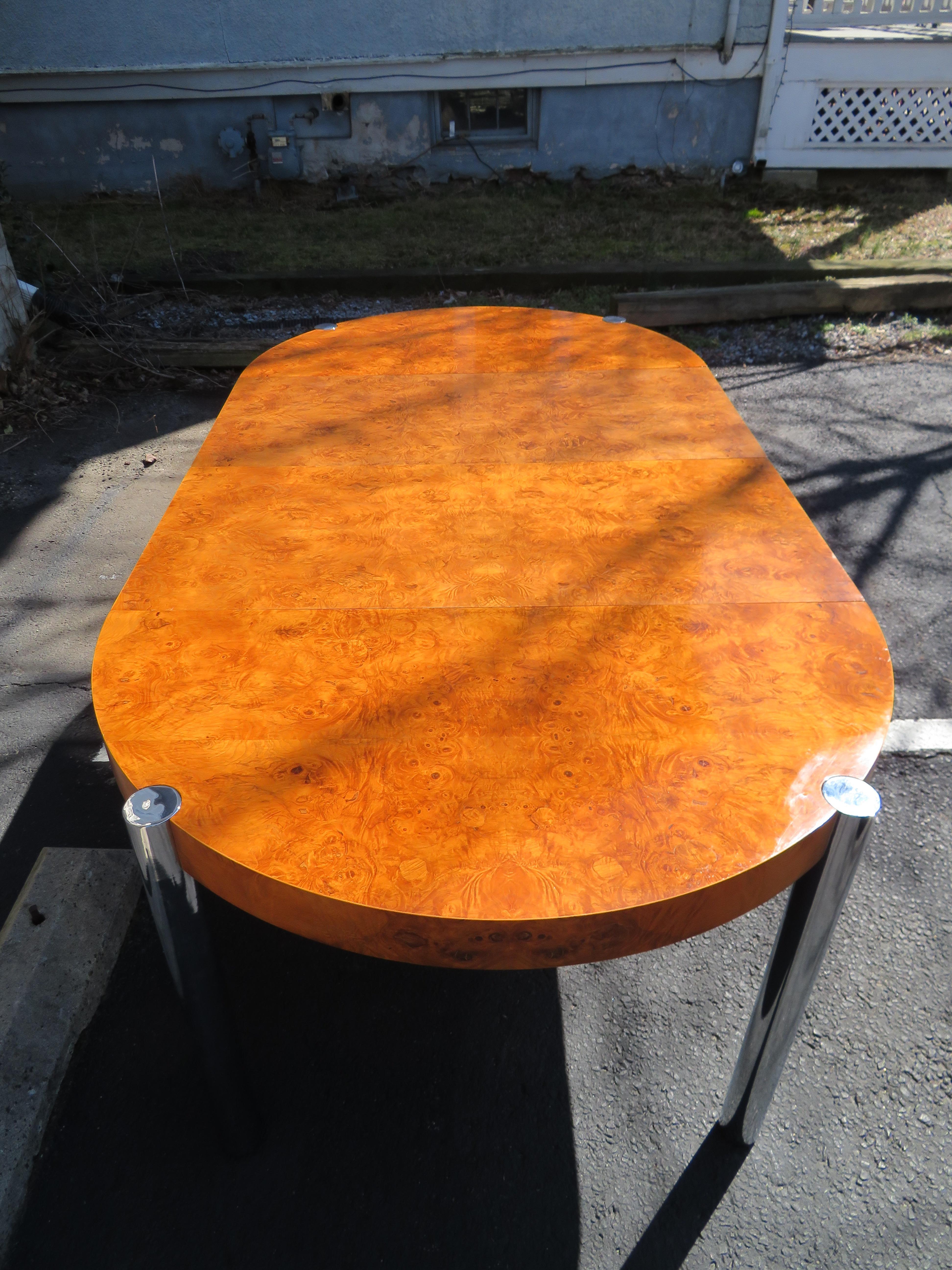 Fabulous Milo Baughman Style Round Burled Olive Wood Chrome Dining Table 5