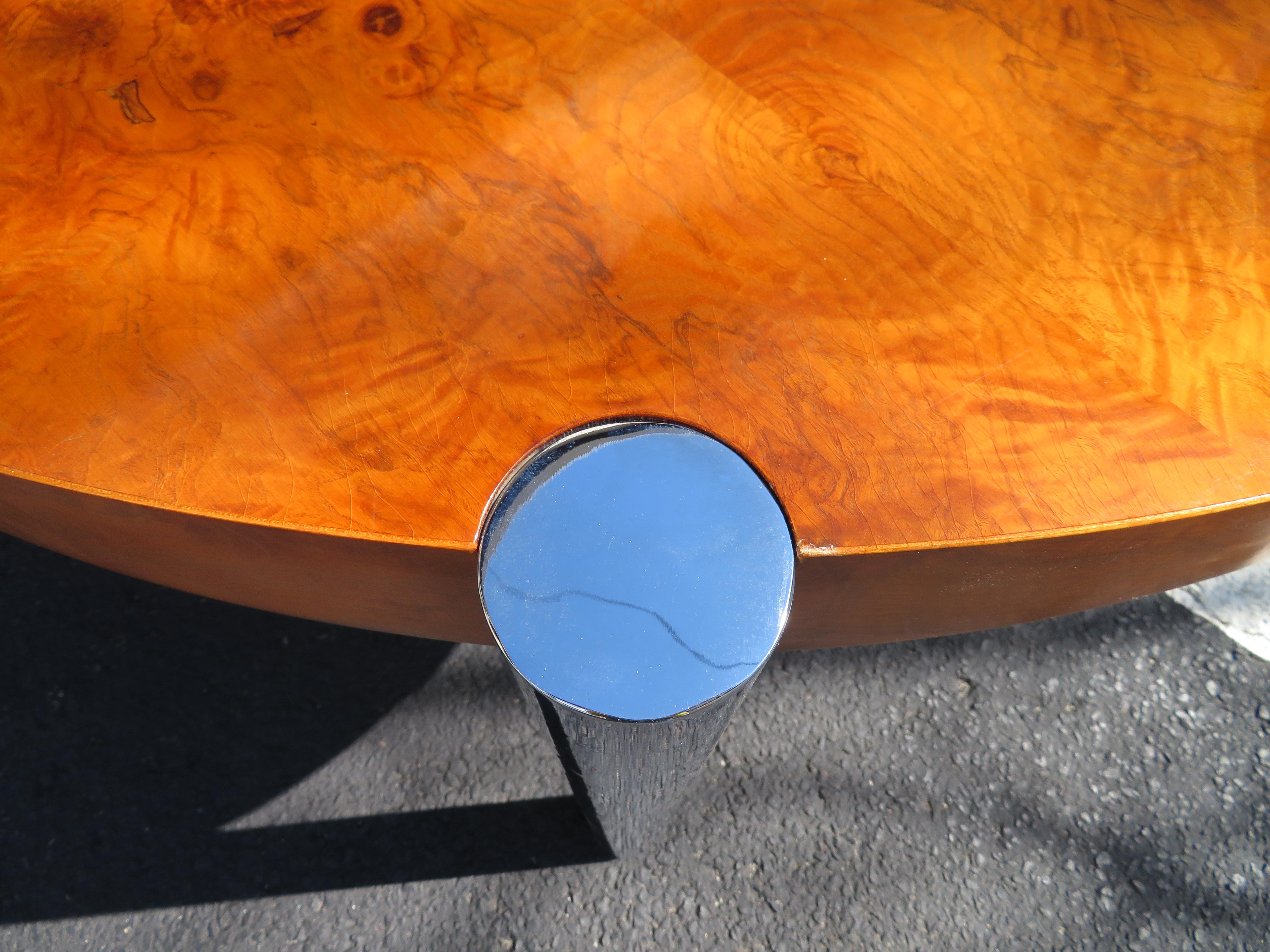 Mid-Century Modern Fabulous Milo Baughman Style Round Burled Olive Wood Chrome Dining Table