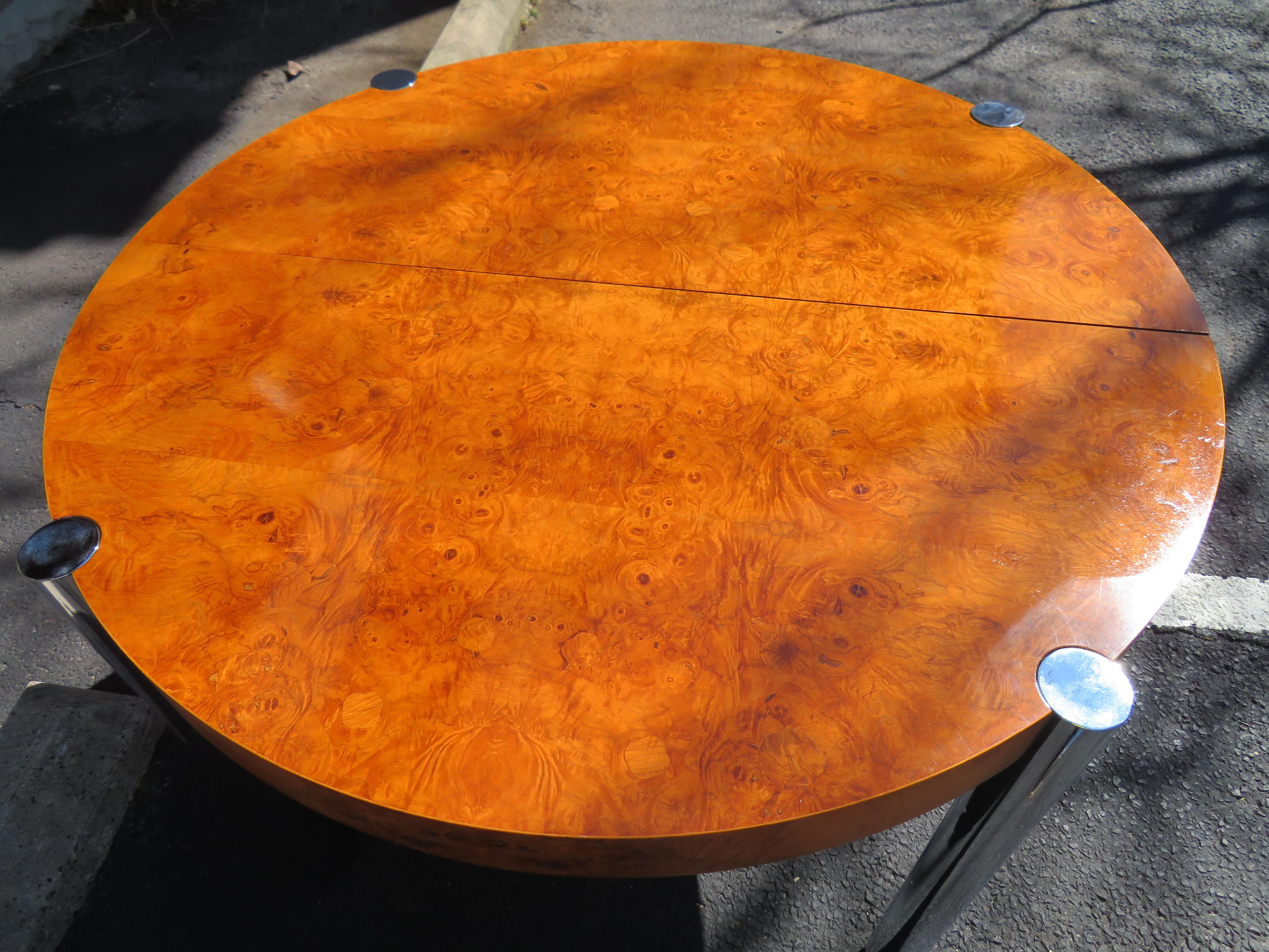 American Fabulous Milo Baughman Style Round Burled Olive Wood Chrome Dining Table