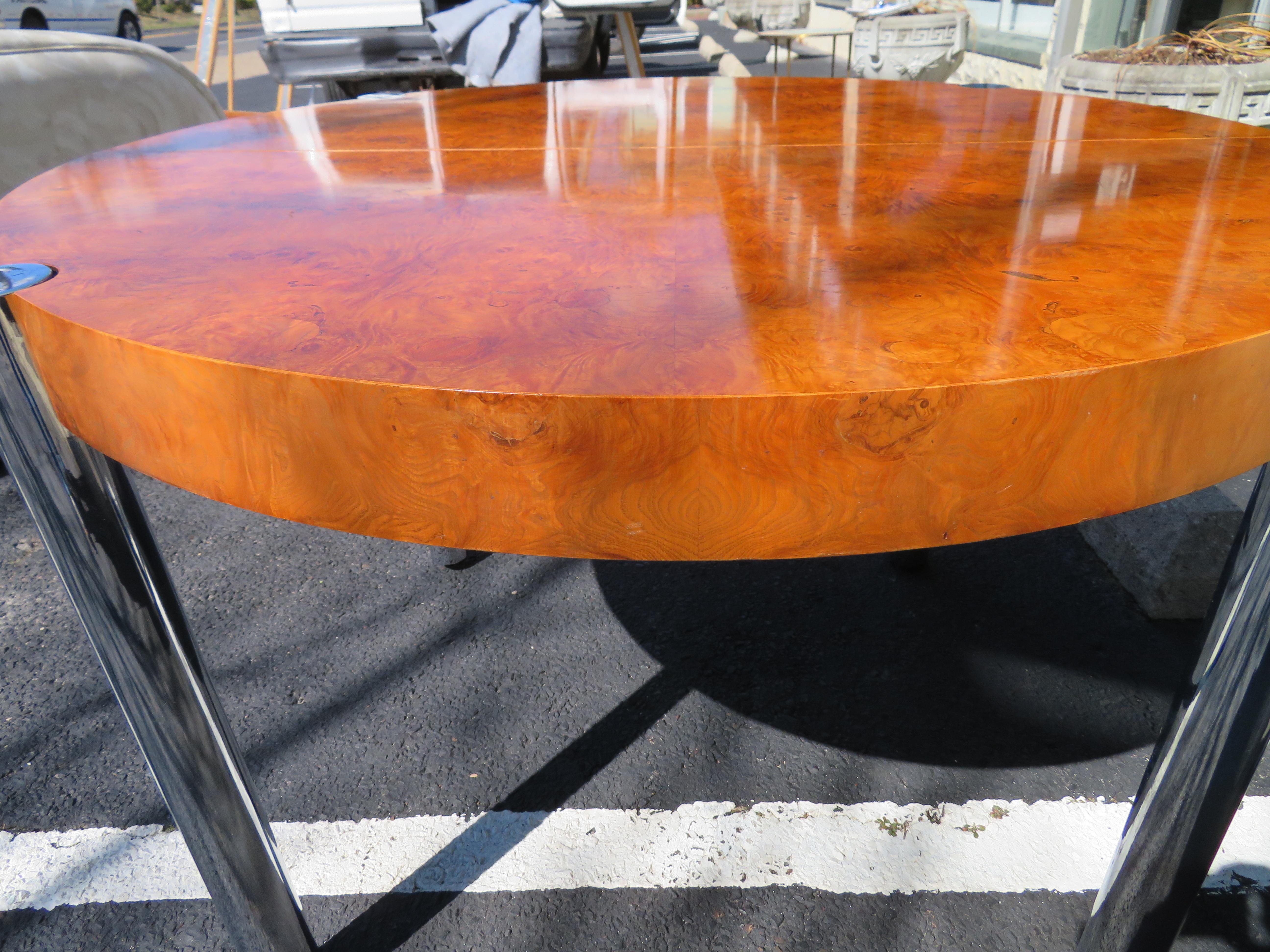 Fabulous Milo Baughman Style Round Burled Olive Wood Chrome Dining Table In Good Condition In Pemberton, NJ