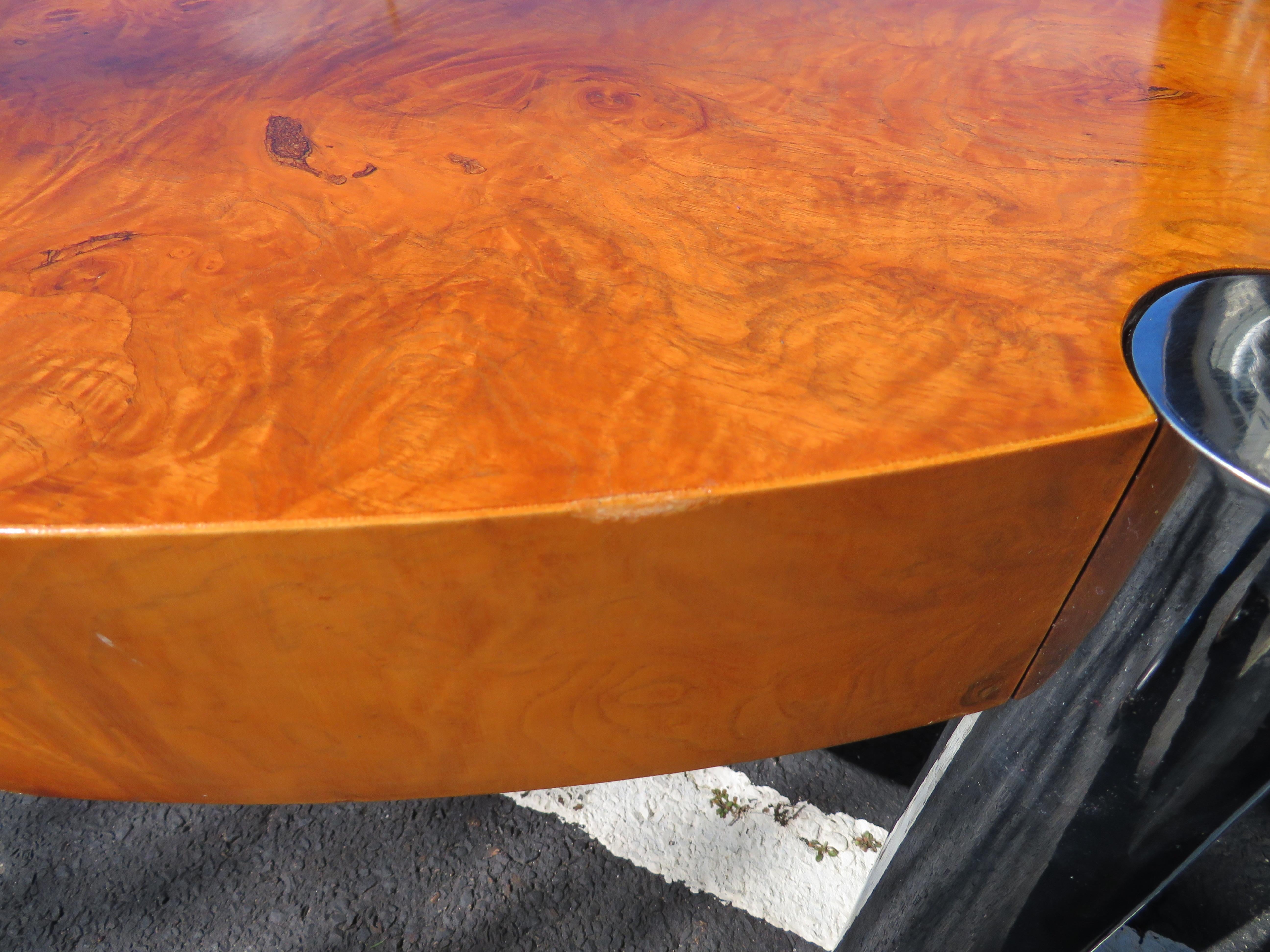 Late 20th Century Fabulous Milo Baughman Style Round Burled Olive Wood Chrome Dining Table
