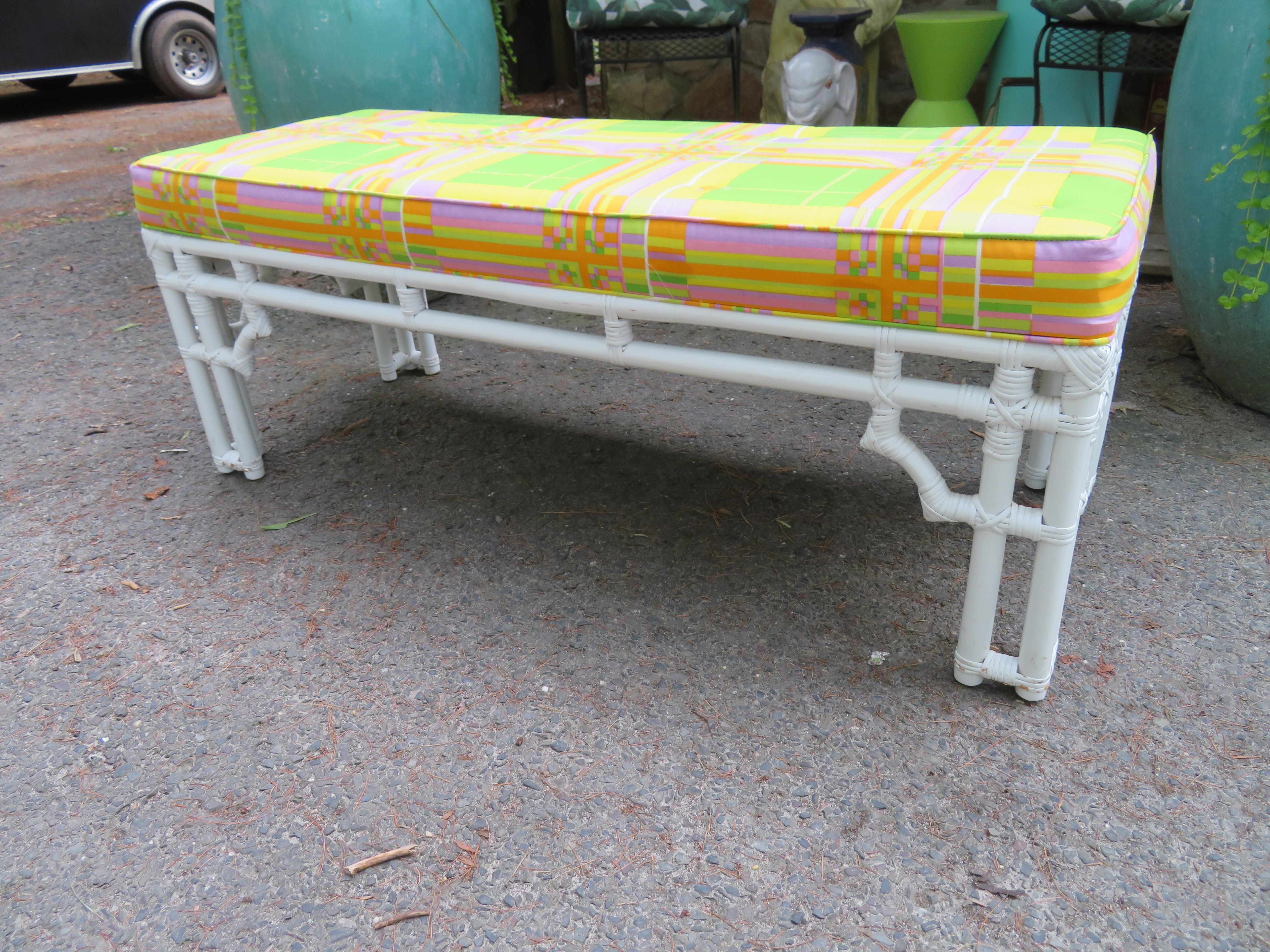 Fabulous mod white faux bamboo Pucci style upholstered bench. The vintage upholstery shows some light wear with a few minor spots but is very presentable as is. This wonderful bench measures: 18