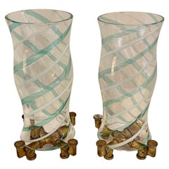 Fabulous Modern Pair Lorin Marsh Green Blown Glass Hurricane Shades Bamboo Bases