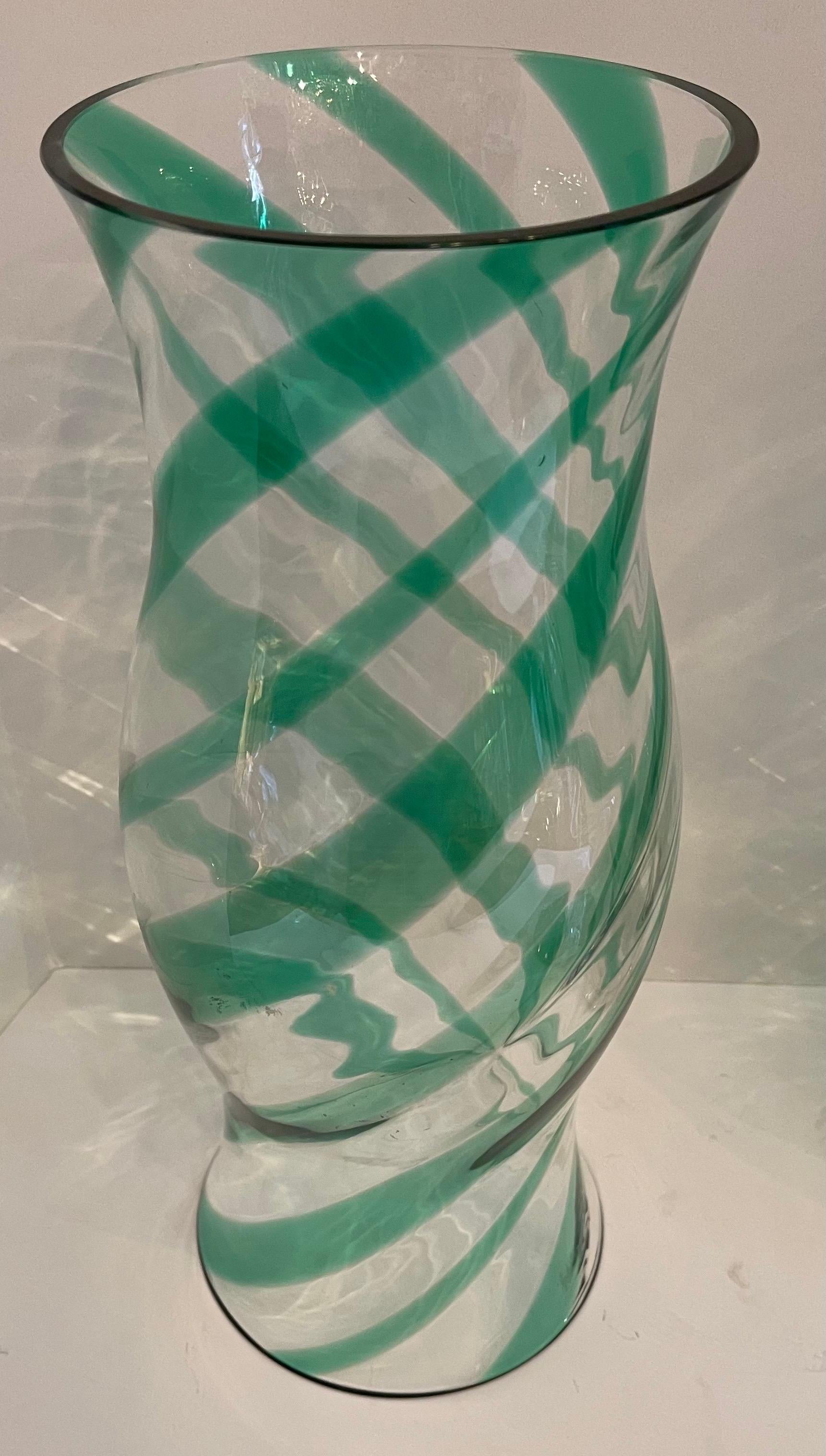 Fabulous Modern Pair Lorin Marsh Green Blown Glass Hurricane Shades Nickel Bases In Good Condition For Sale In Roslyn, NY