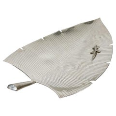 Fabulous Modernism Silver Footed Leaf Serving Tray with Decorative Lizard