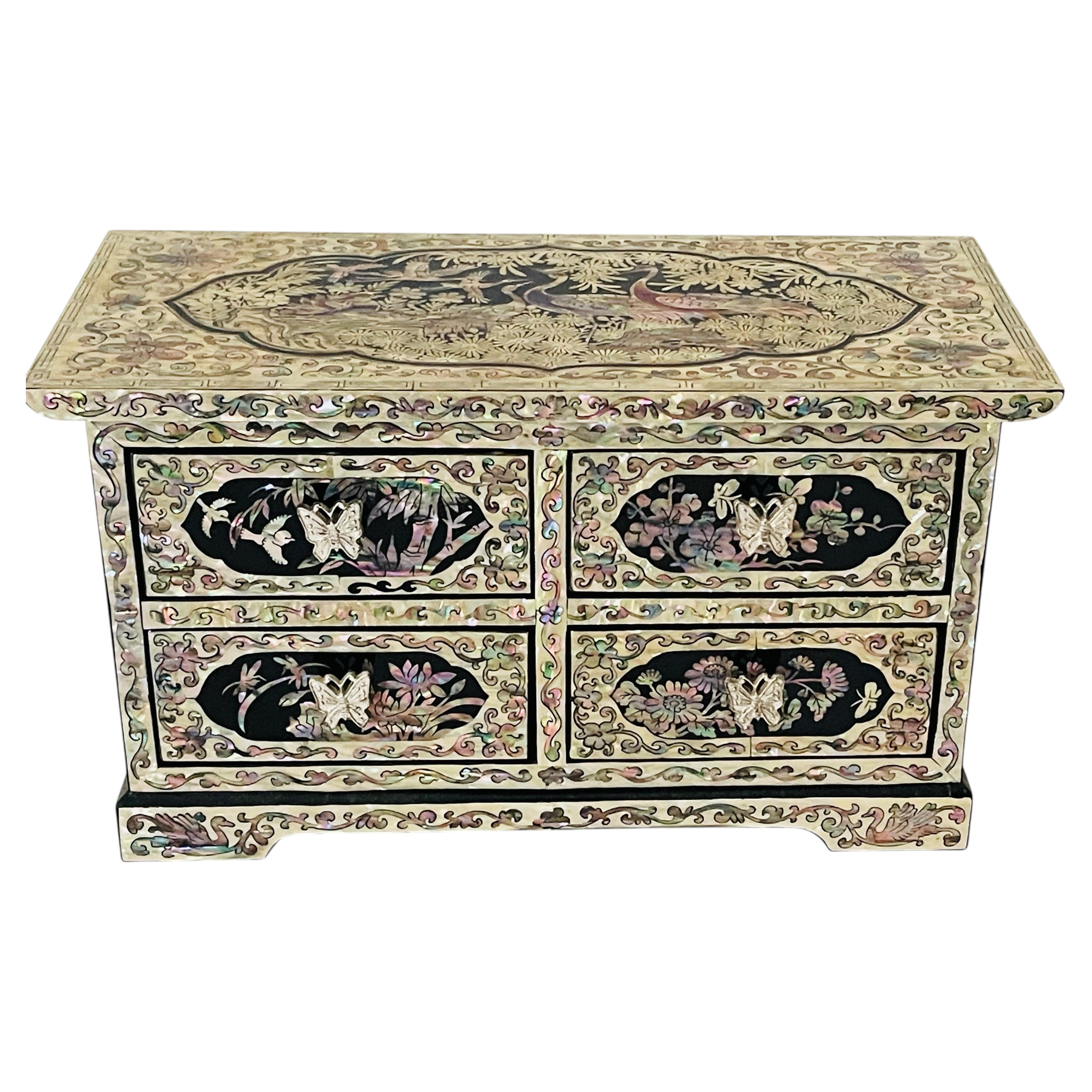 Fabulous Mother of Pearl Lacquer Jewelry Box with Birds of Patadise
