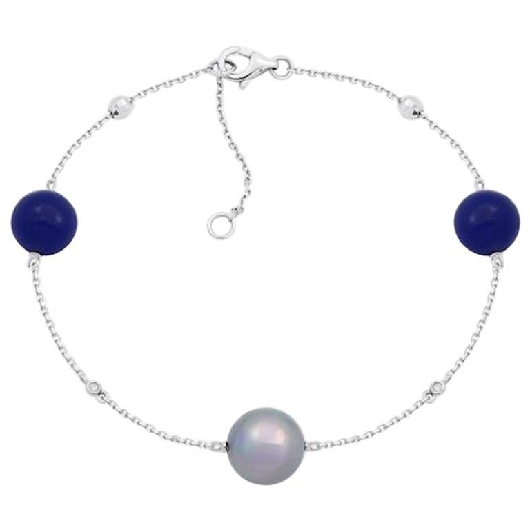 Fabulous Mother of Pearls Lapis Lazuli White Gold Diamond Charm Bracelet for Her For Sale