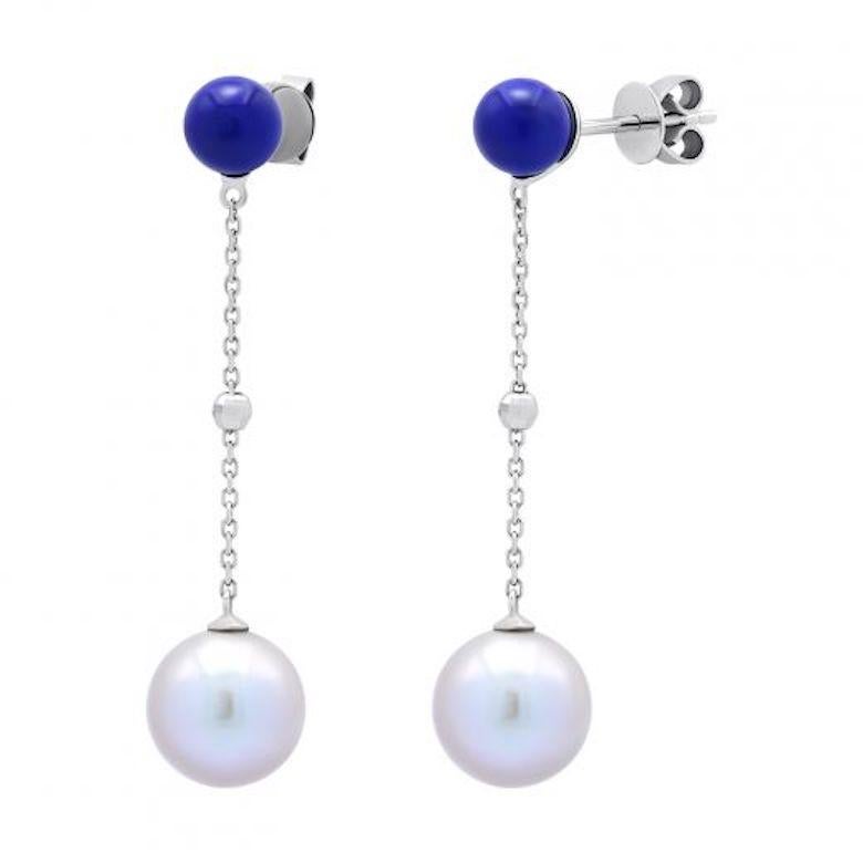 Modern Fabulous Mother of Pearls Lapis Lazuli White Gold Stud Dangle Earrings for Her