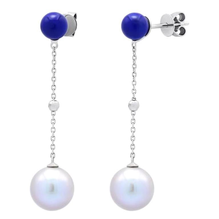 Fabulous Mother of Pearls Lapis Lazuli White Gold Stud Dangle Earrings for Her