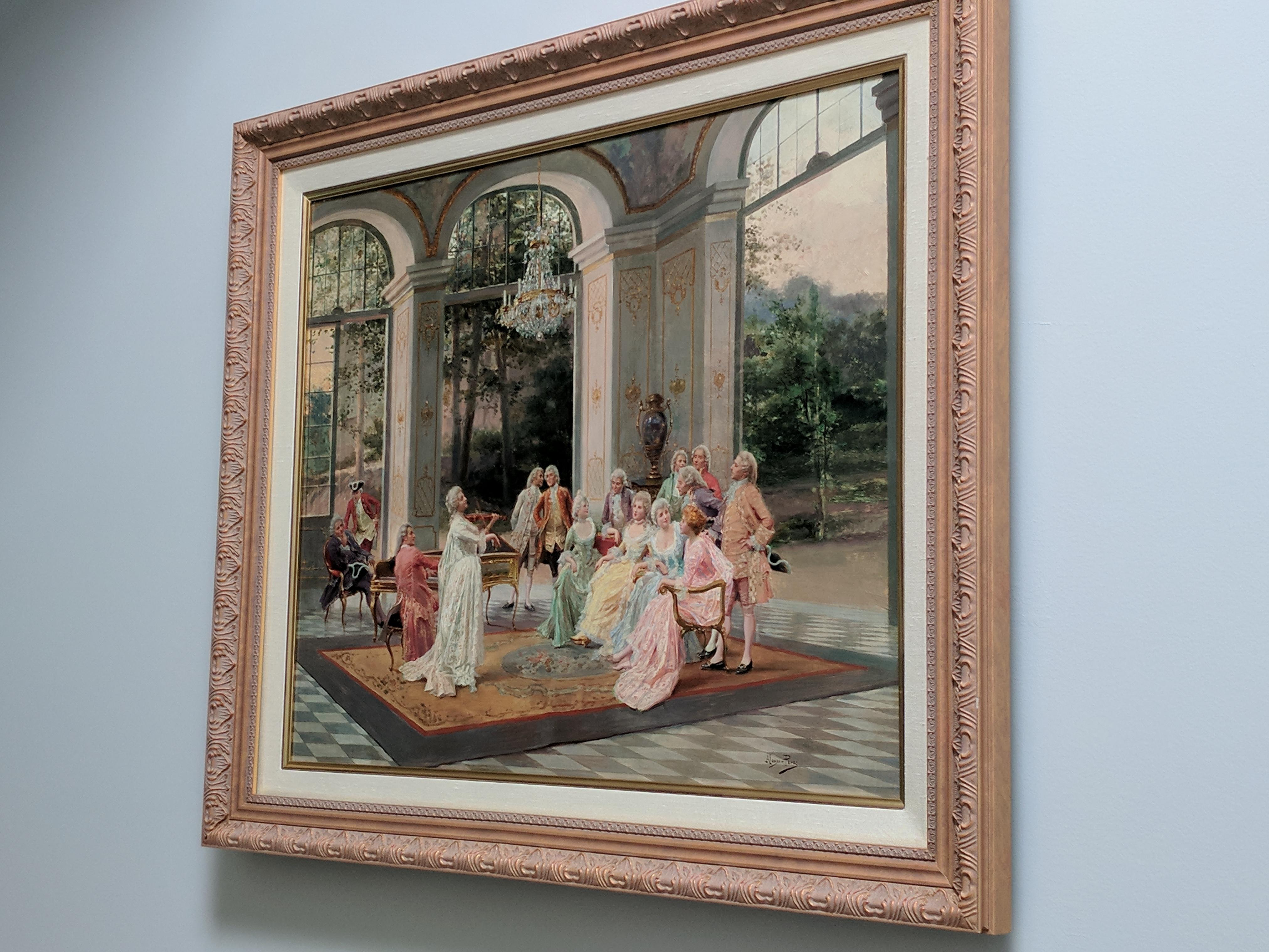 Ein wunderschönes Original in Öl auf Leinwand, das ein Musikkonzert in einem königlichen Rahmen darstellt. Gäste in der Kleidung des 18. Jahrhunderts, signiert und ausgeführt von Alonso Perez. Spanisch, (1881-1914) (Ansichtsgröße nur 23