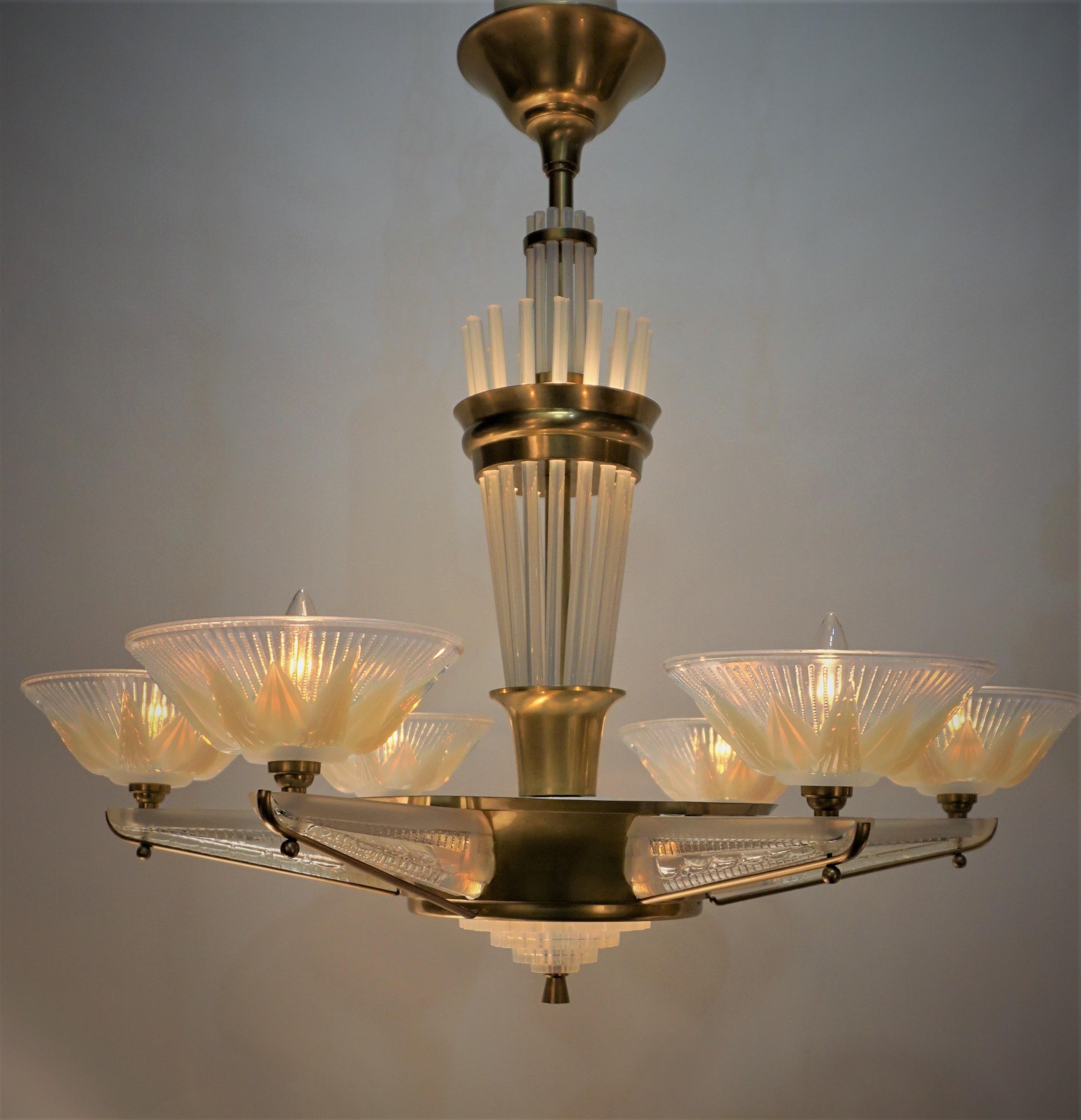 French Fabulous Opaline Glass Art Deco Chandeliers by Atelier Petitot