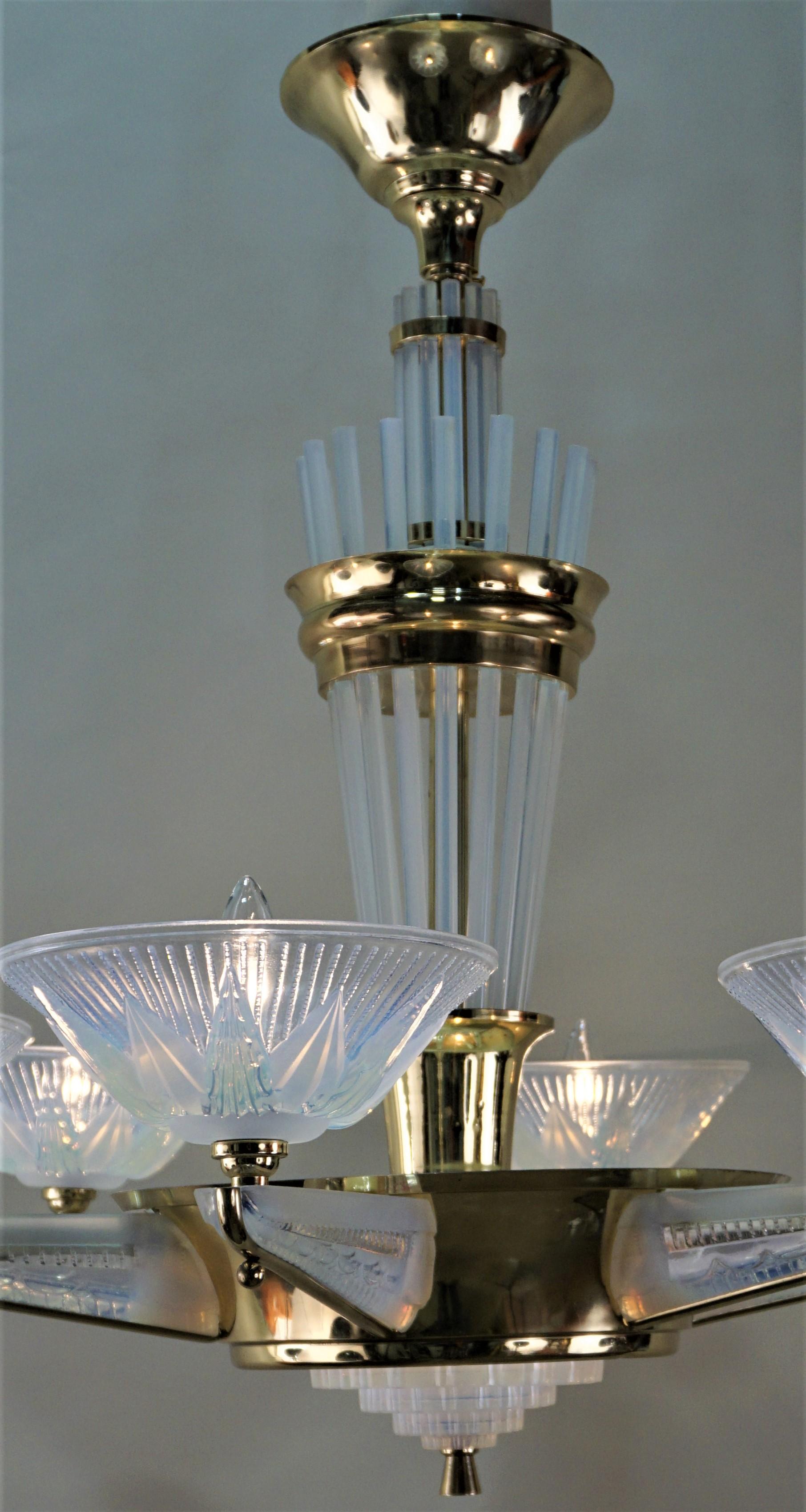 Mid-20th Century Fabulous Opaline Glass Art Deco Chandeliers by Atelier Petitot