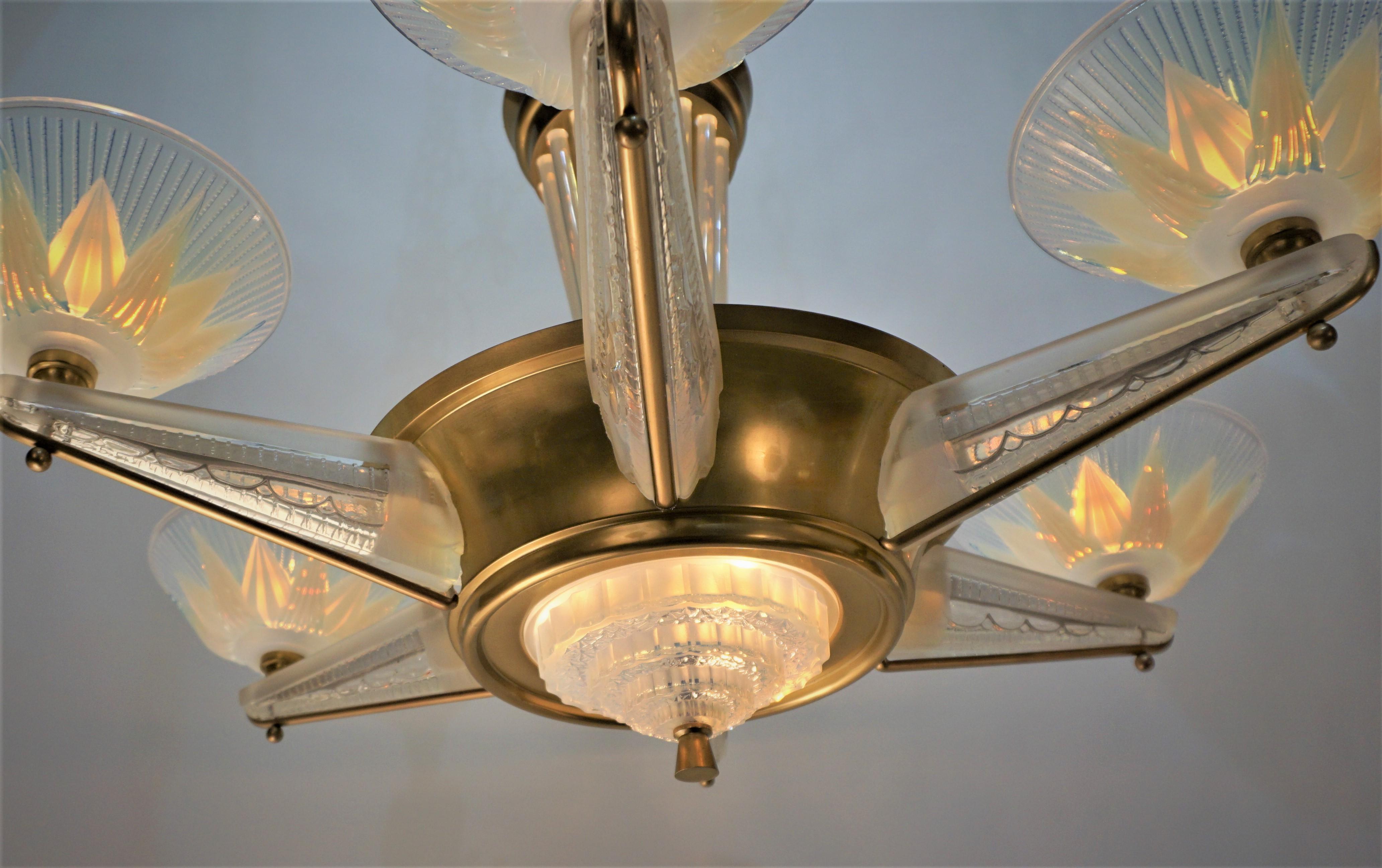 Bronze Fabulous Opaline Glass Art Deco Chandeliers by Atelier Petitot