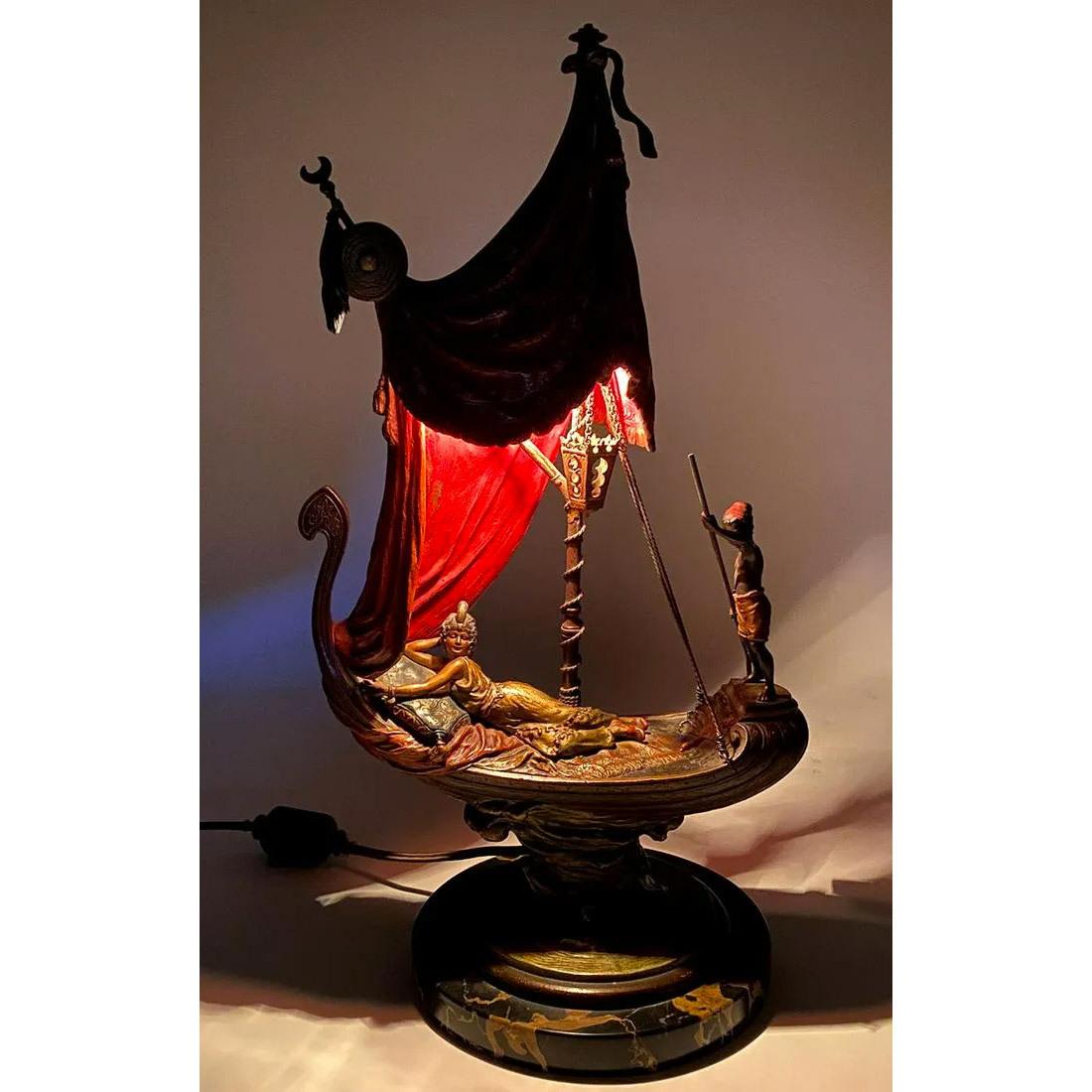 Cold-Painted Fabulous Orientalist Figural Cold Painted Bronze Lamp and Sculpture by Bergmann For Sale