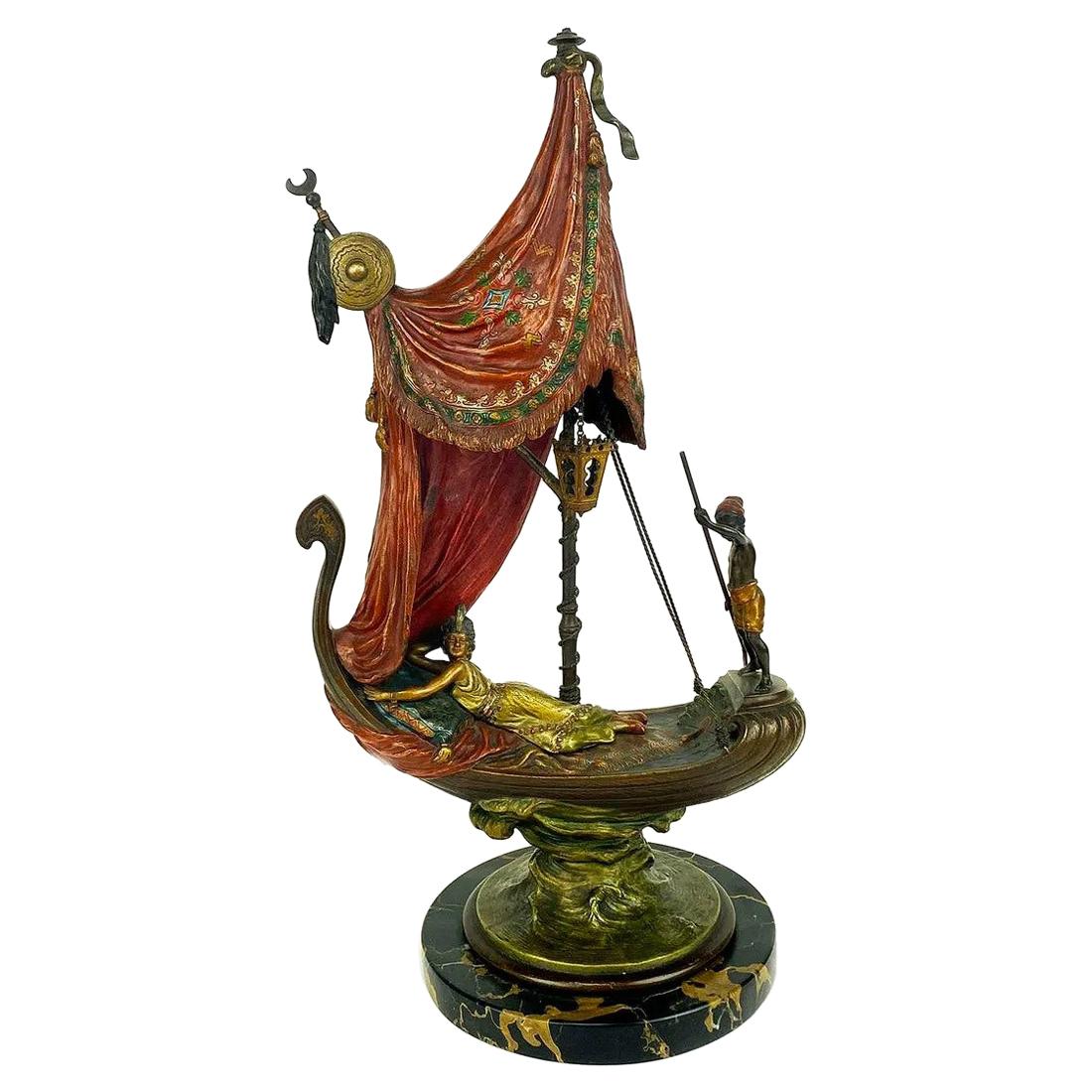Fabulous Orientalist Figural Cold Painted Bronze Lamp and Sculpture by Bergmann For Sale