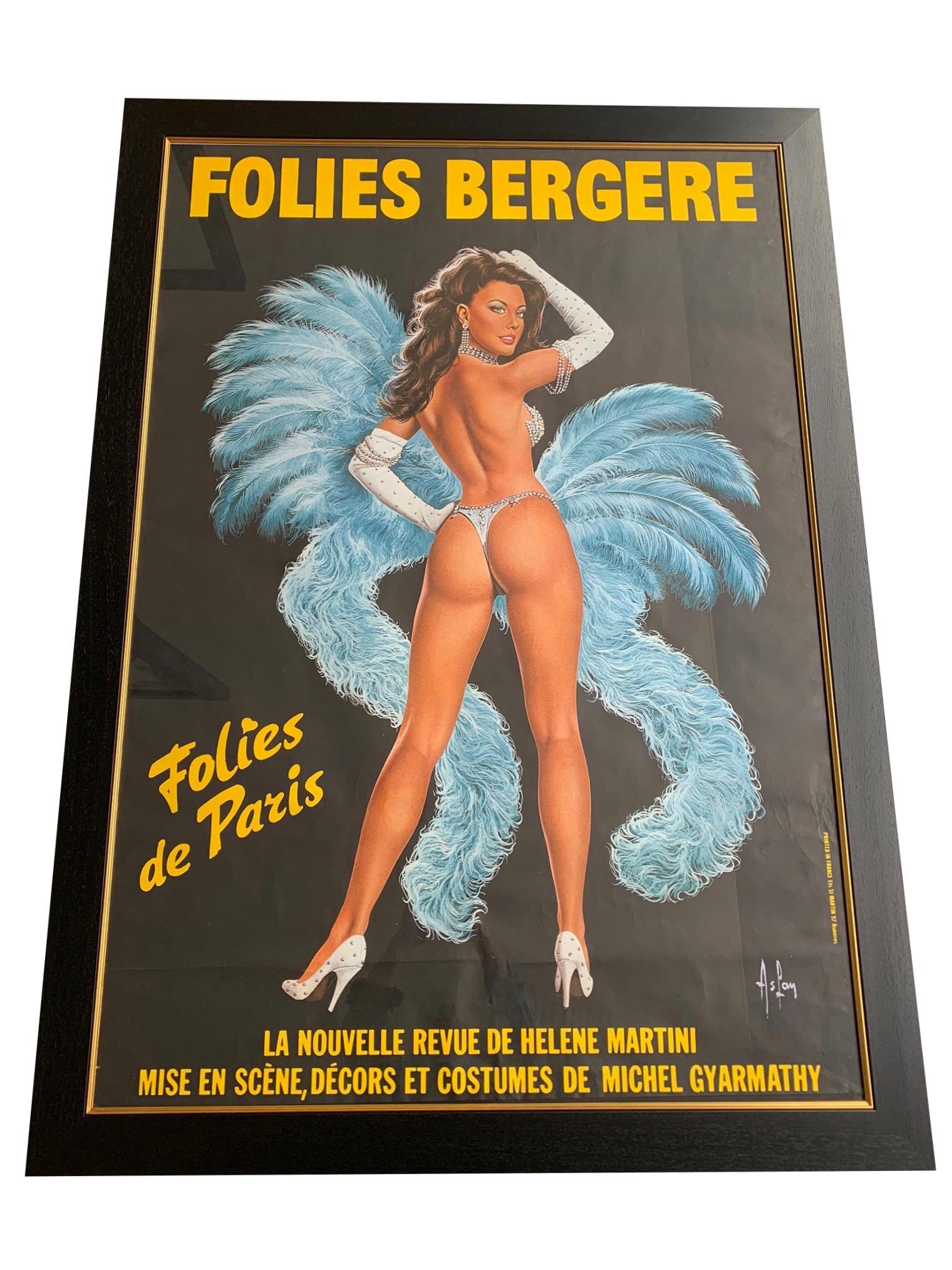 A fabulous original 1960s large Folies Bergere poster by artist Alain Gourdon Aka AsLan. It depicts a semi clad, sequinned showgirl with baby blue boa and feathers. Signed in the print 