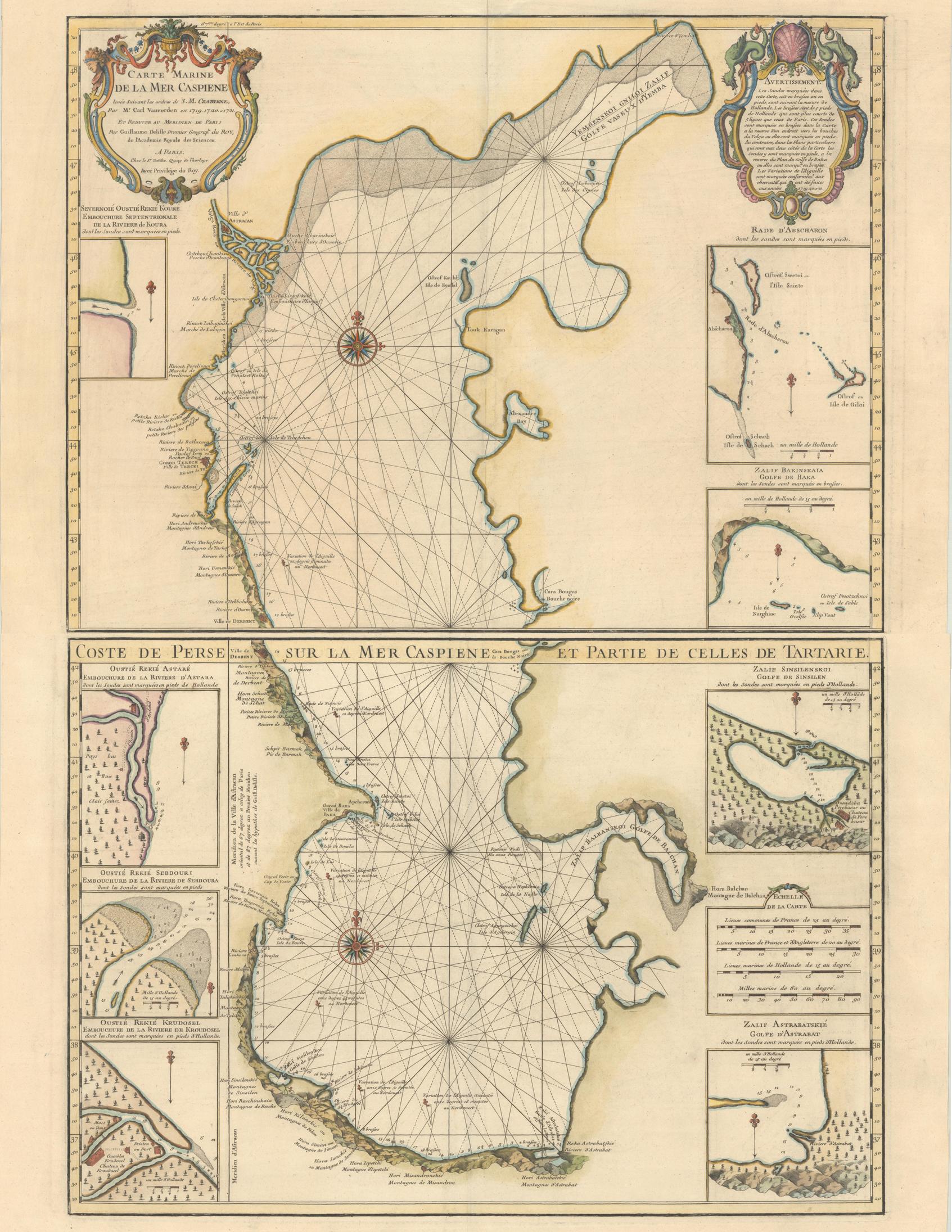 Engraved Fabulous Original Antique two-sheet Map of the Caspian Sea, ca.1723 For Sale