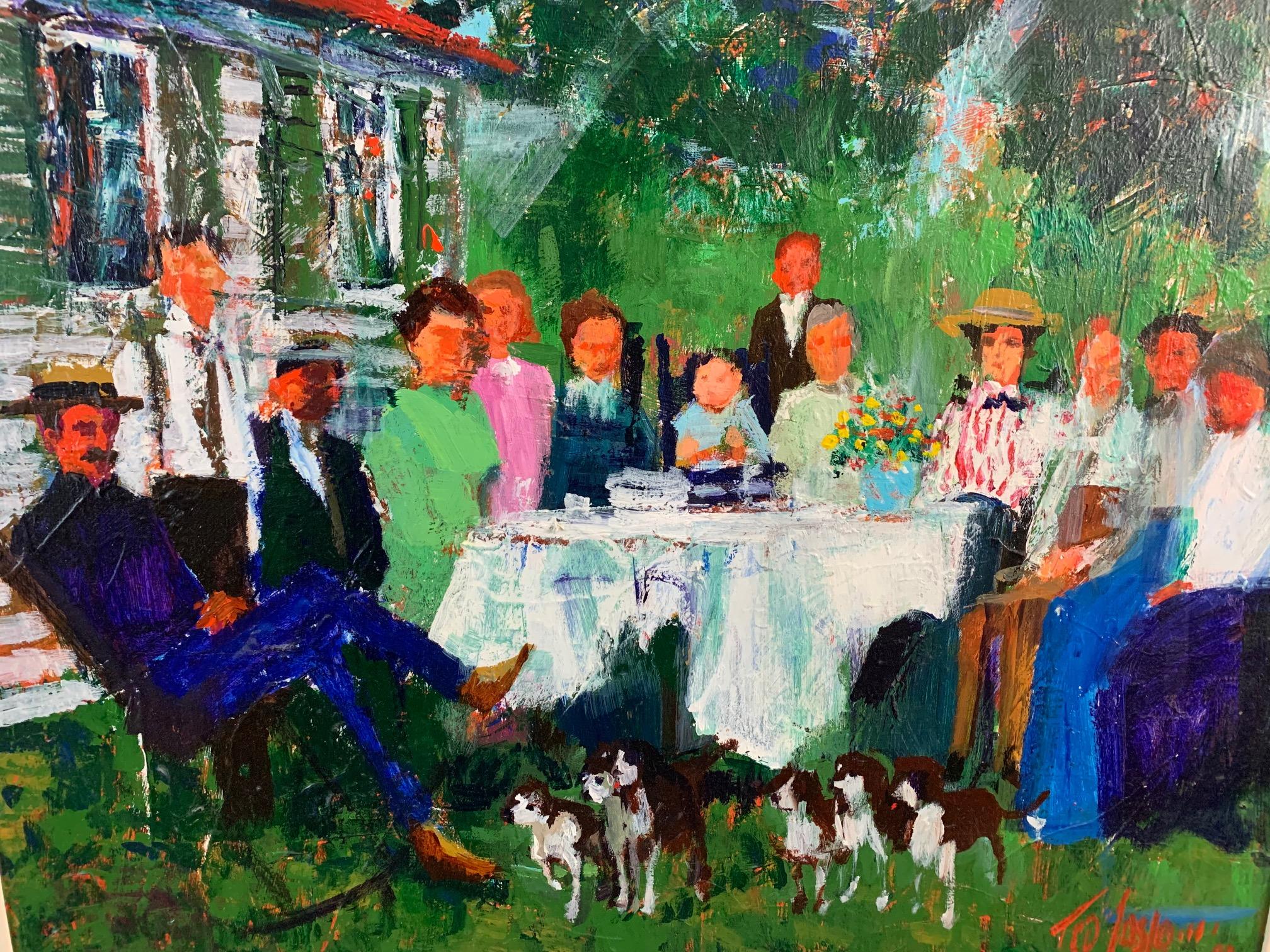 A lively and painterly rendering of a family gathering at an outdoor dining table in the country having marvelous impasto texture and sketchy impressionistic style. Titled 