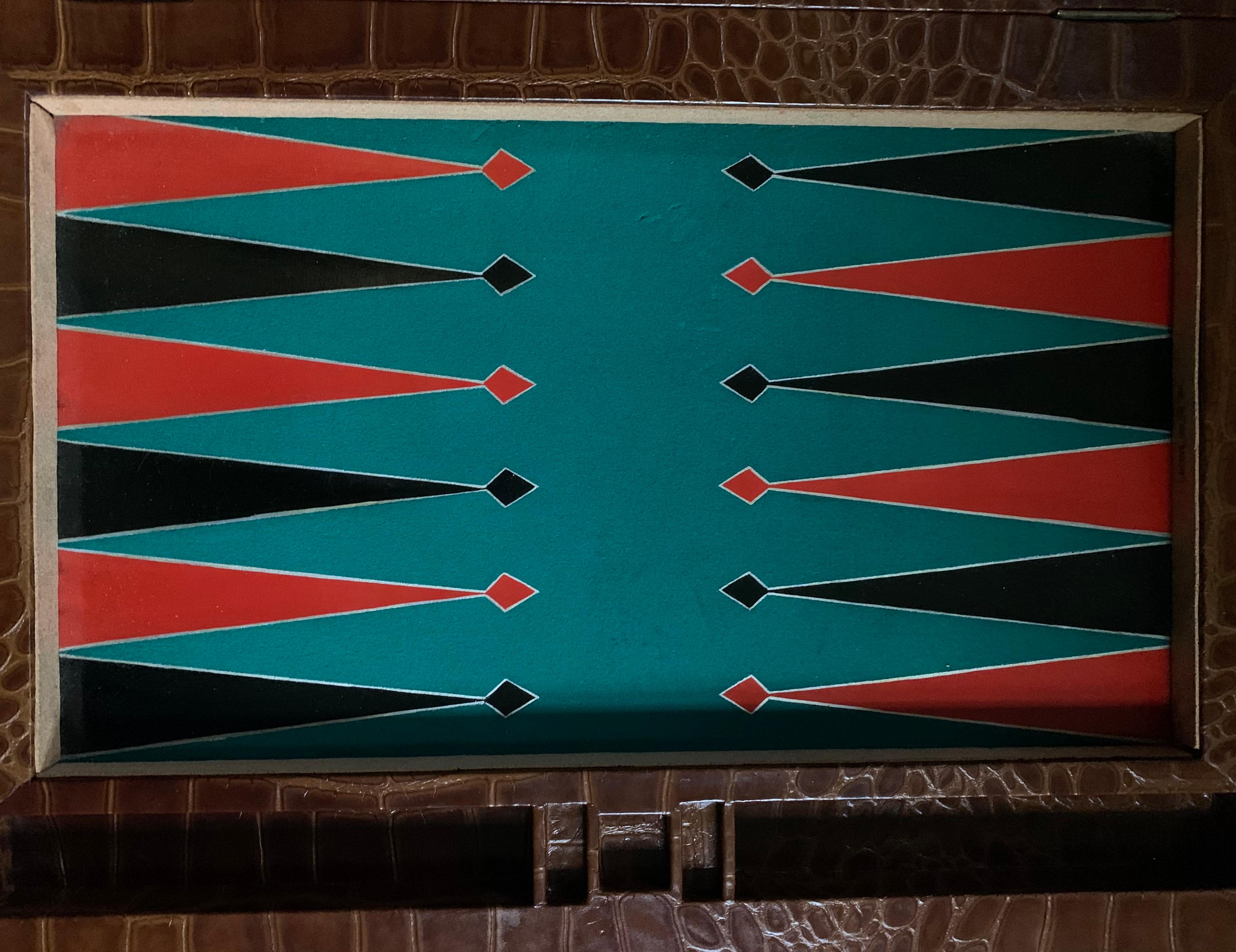 Fabuleux ensemble de backgammon surdimensionn en cuir cognac  motif d'alligator vintage 2