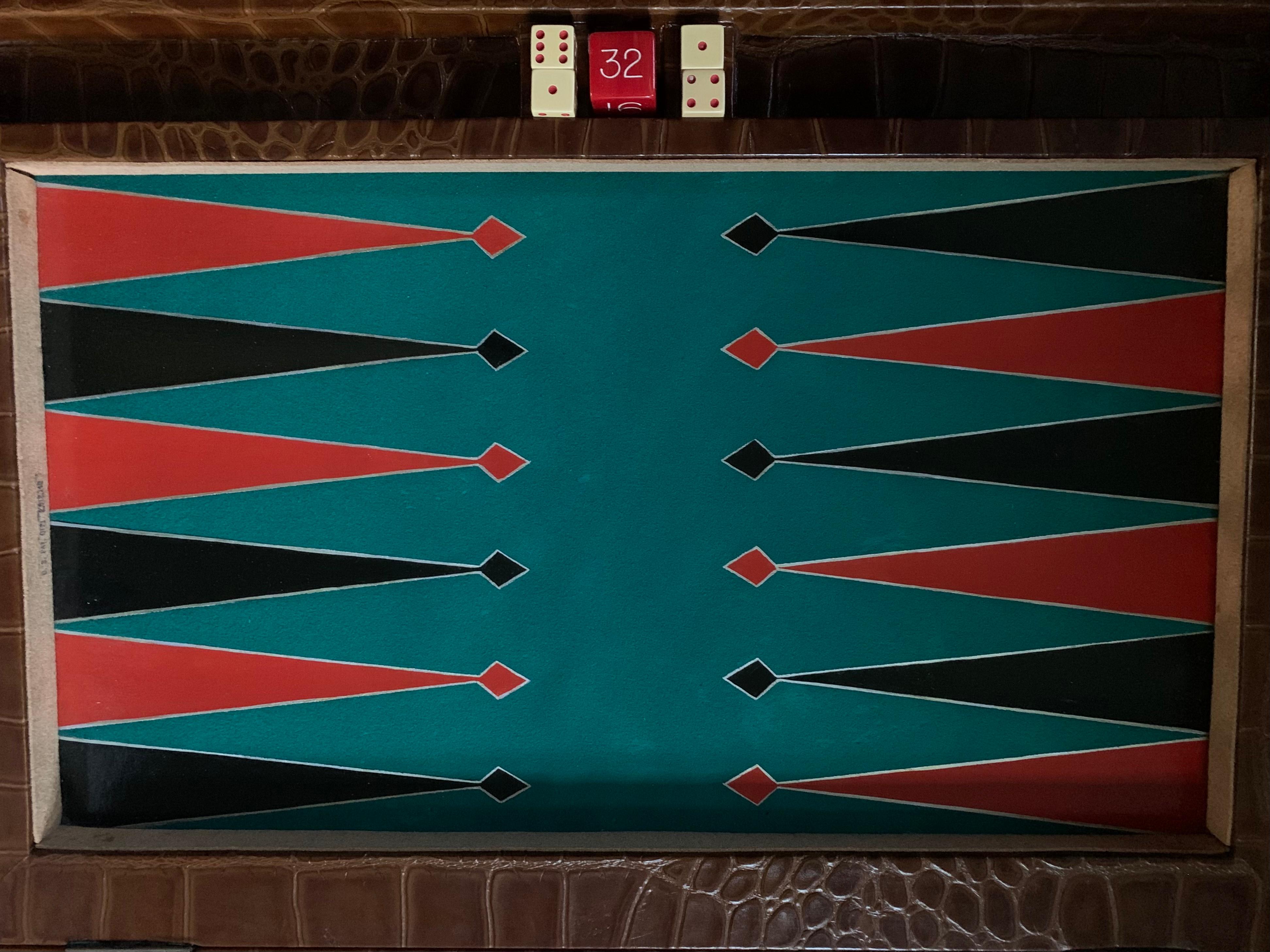 Fabuleux ensemble de backgammon surdimensionn en cuir cognac  motif d'alligator vintage 3