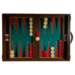 Fabuleux ensemble de backgammon surdimensionn en cuir cognac  motif d'alligator vintage