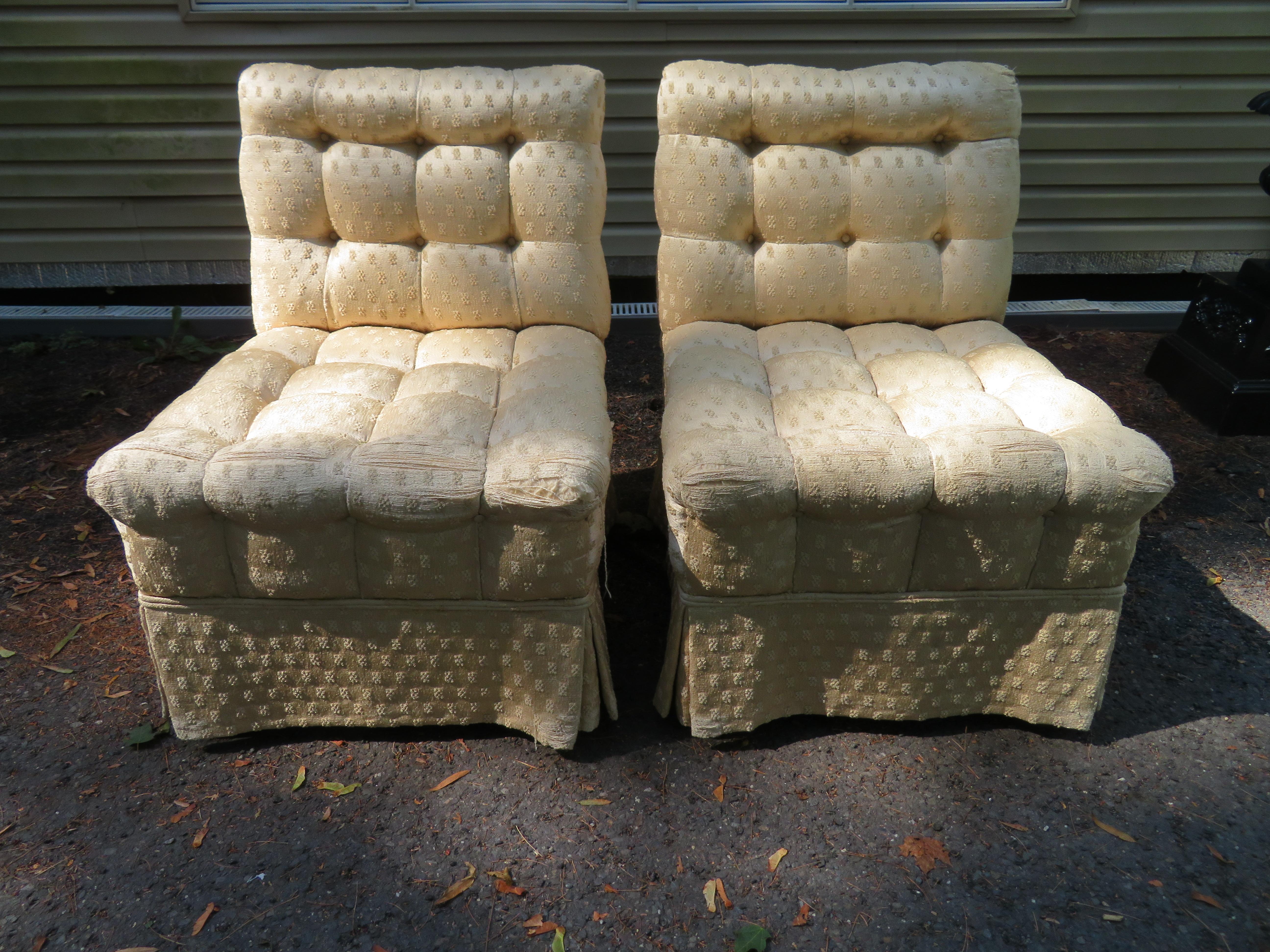 Fabulous pair of Dorothy Draper style biscuit tufted slipper chairs. We obtained these chairs along with a whole house full of Hollywood Regency high end furniture-it was like walking into an old Hollywood movie scene.  These chairs measure 35