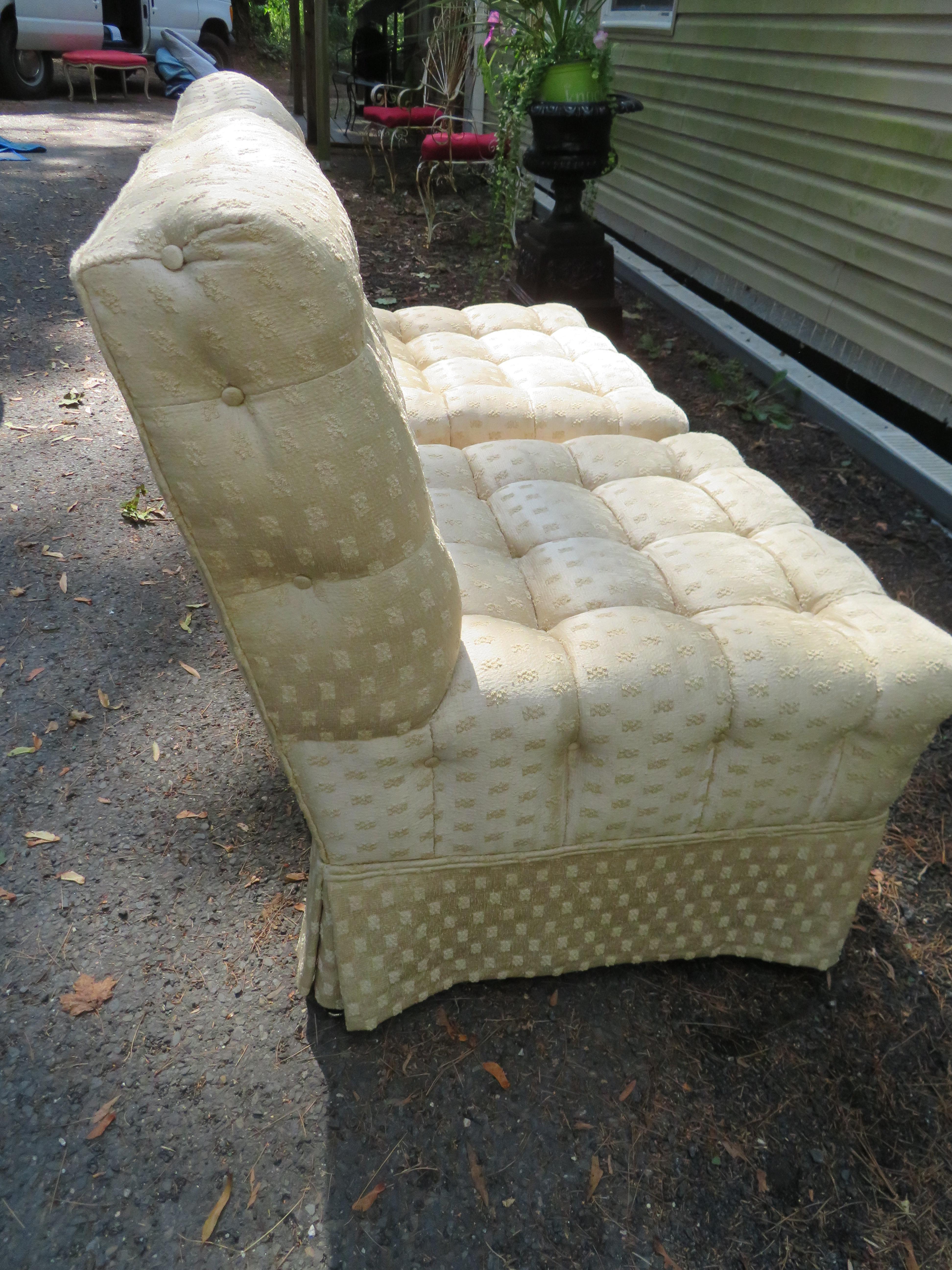 Mid-20th Century  Pair Dorothy Draper Style Biscuit Tufted Slipper Chairs Hollywood Regency For Sale