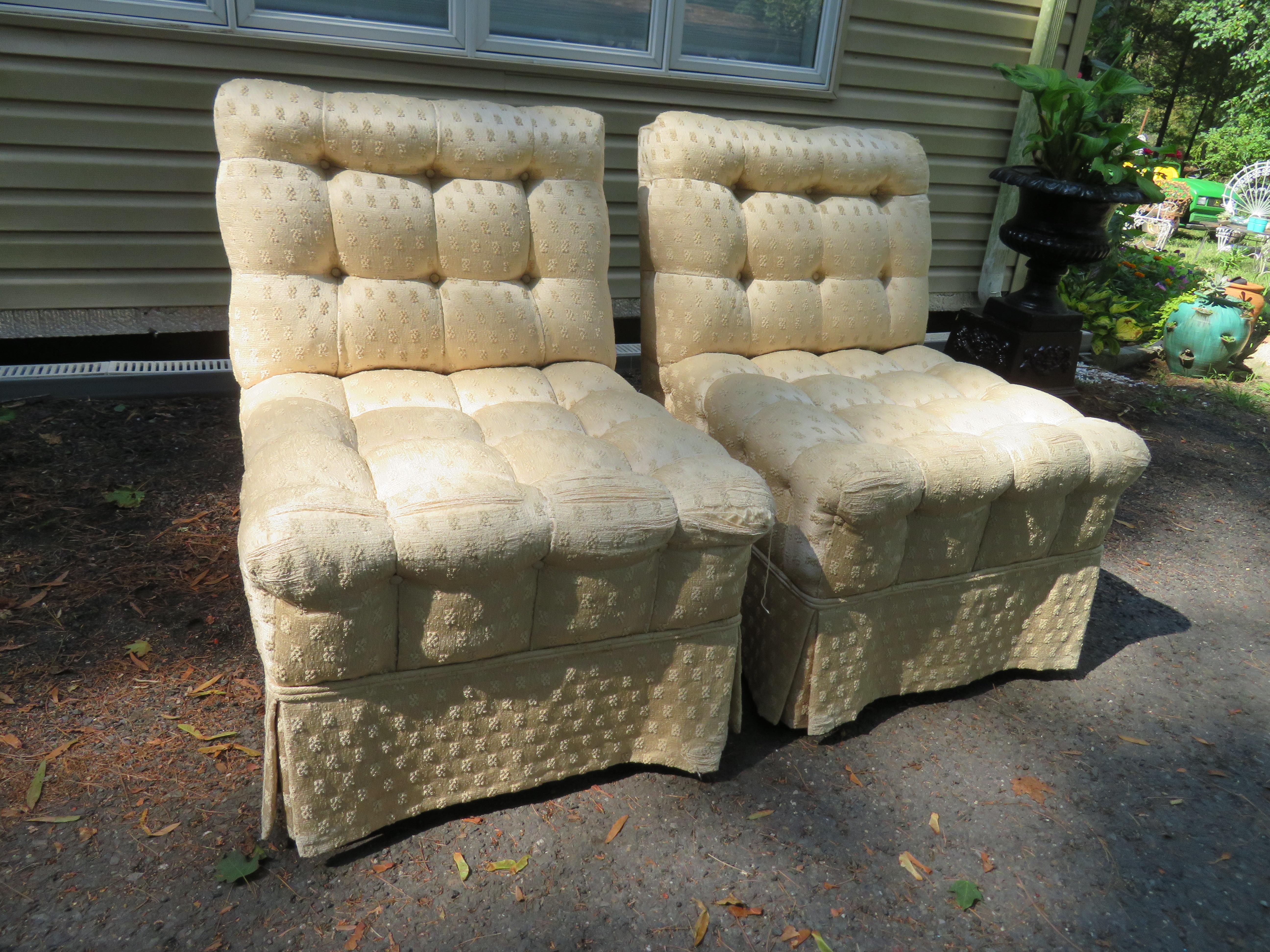 Upholstery  Pair Dorothy Draper Style Biscuit Tufted Slipper Chairs Hollywood Regency For Sale