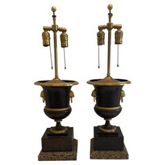 Fabulous Pair Italian Faux Porphyry Painted Tole Urn Lion Handle Regency Lamps