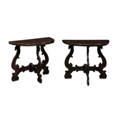 Fabulous Pair Late 18th C. Italian Carved Walnut Demi-Lune Consoles w/Lyre Legs