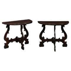 Fabulous Pair Late 18th C. Italian Carved Walnut Demi-Lune Consoles w/Lyre Legs
