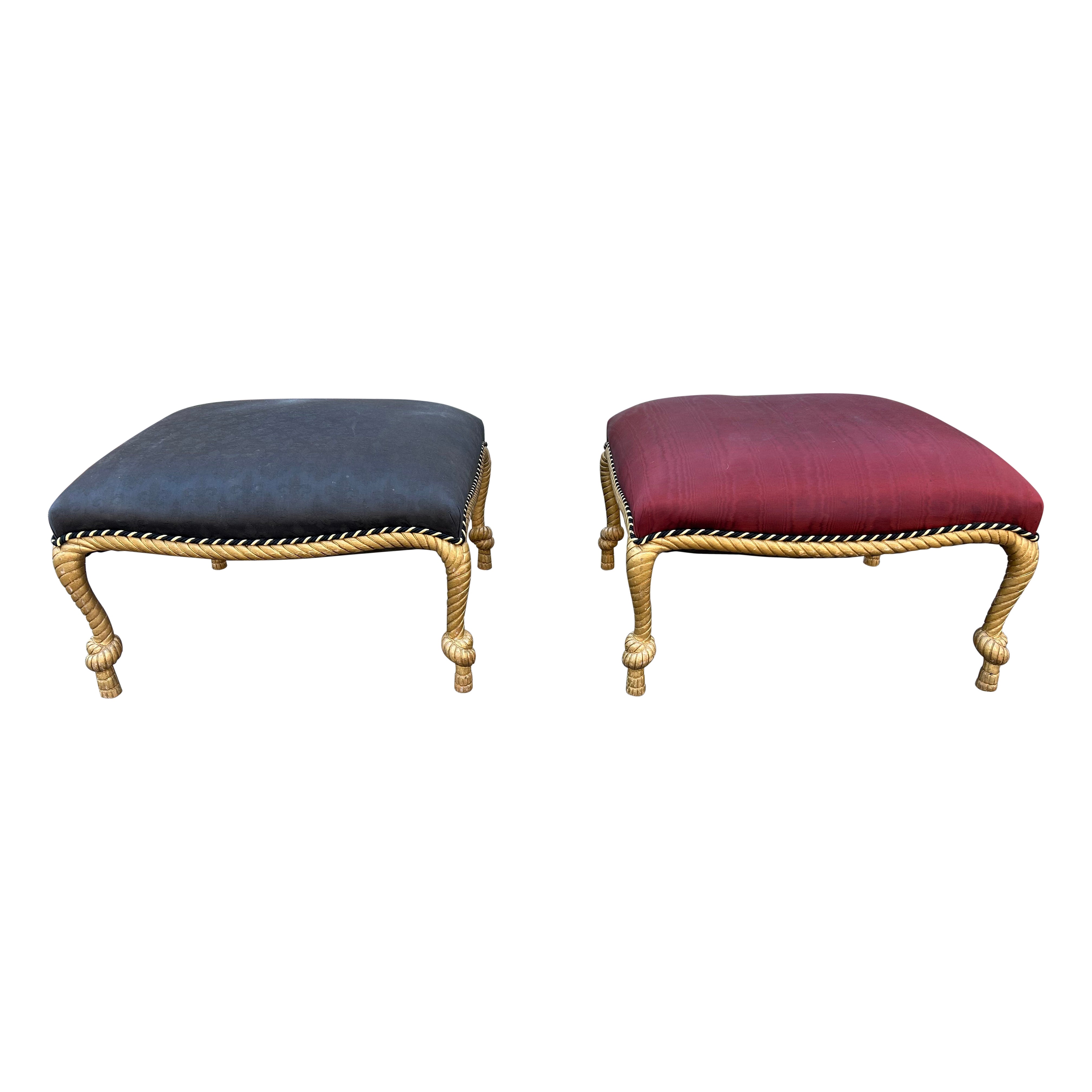 Fabulous Pair Napoleon III Style Gilt Rope & Tassel Ottomans Hollywood Regency For Sale