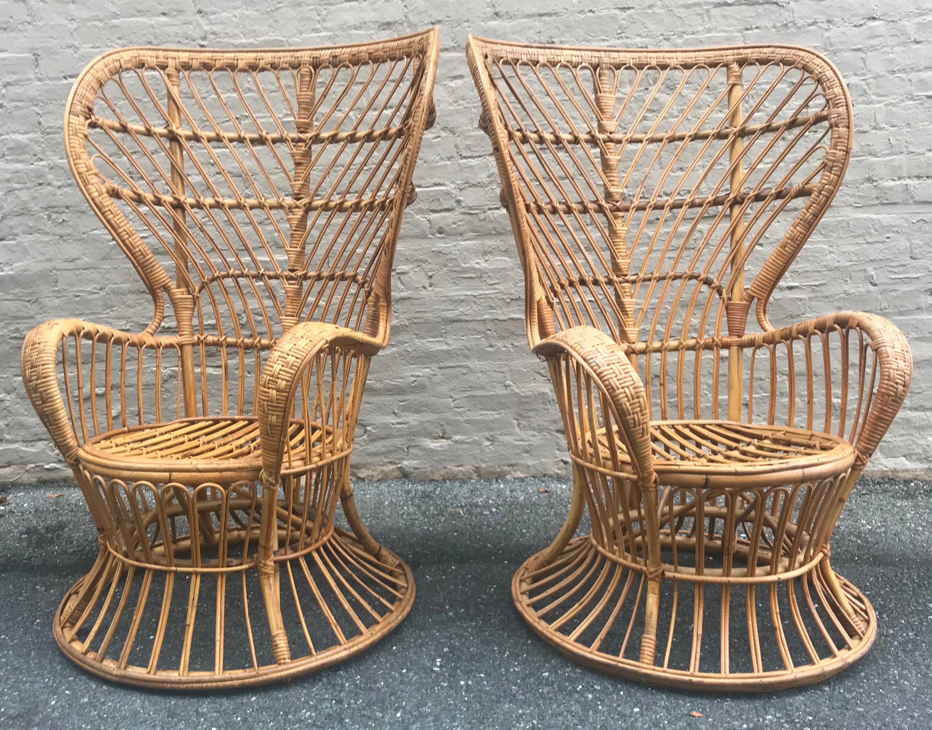 Wonderful large-scale pair of woven rattan lounge chair designed by Lio Carminati, some of which were used in a Gio Ponti designed luxury cruiseship, 