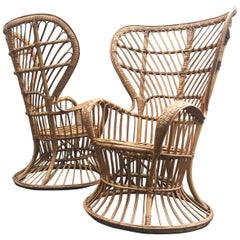 Fabulous Pair of 1950s Lio Carminati Italian Rattan Lounge Chairs