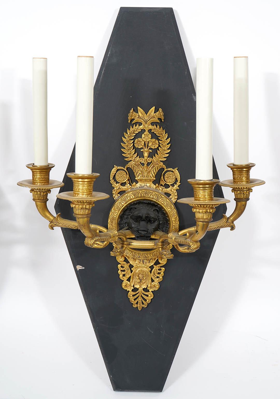 Fabulous Pair of 19th Century French Empire Style Gilt Bronze Sconces, 1820's 1