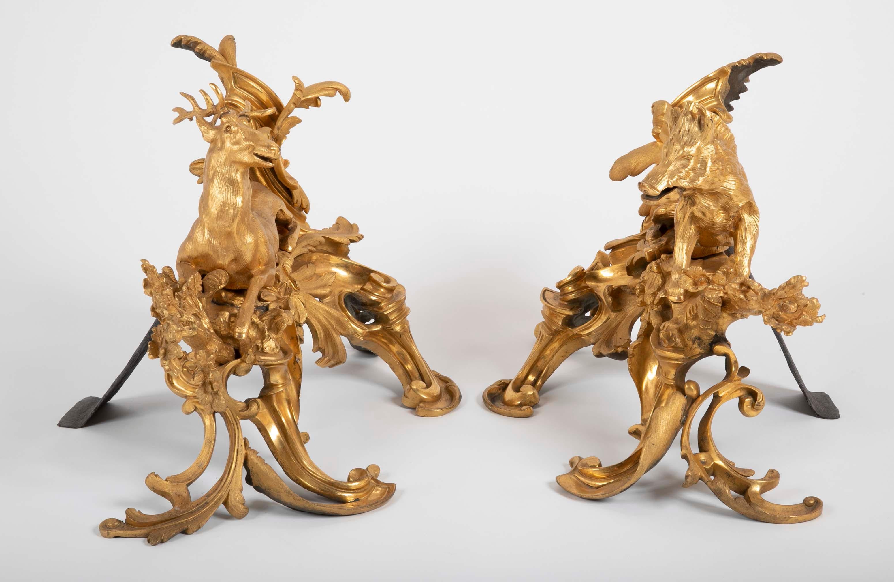 Fabulous Pair of 19th Century Louis XV Style D'ore Bronze Chenets For Sale 7
